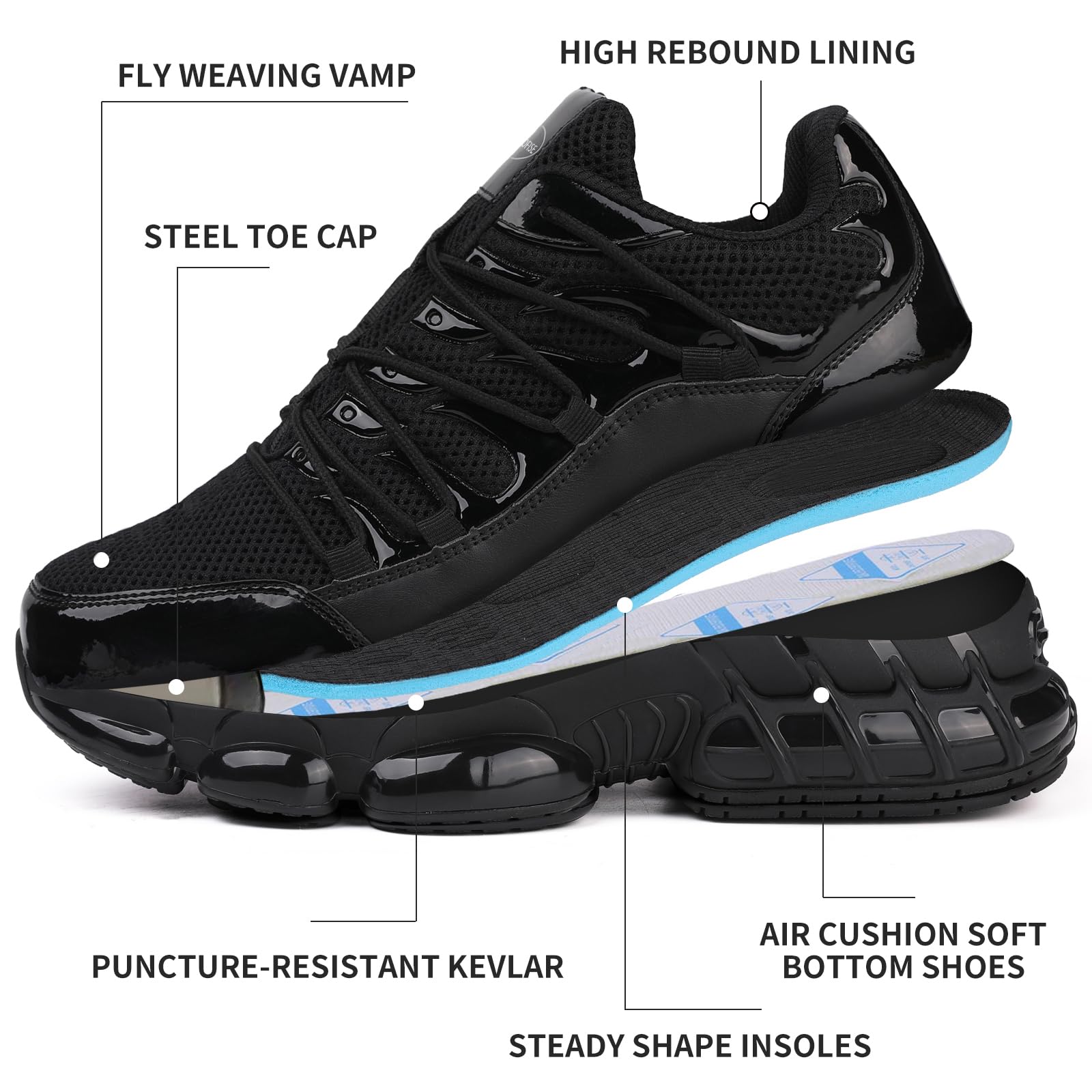 Men's & Women's Steel Toe Work Shoes - Lightweight Safety Sneakers with Composite Toe for Construction & Industrial Use - Comfortable Black Wide Fit Durable Work Boots - Perfect for Warehouse, Factory & Outdoor Labor