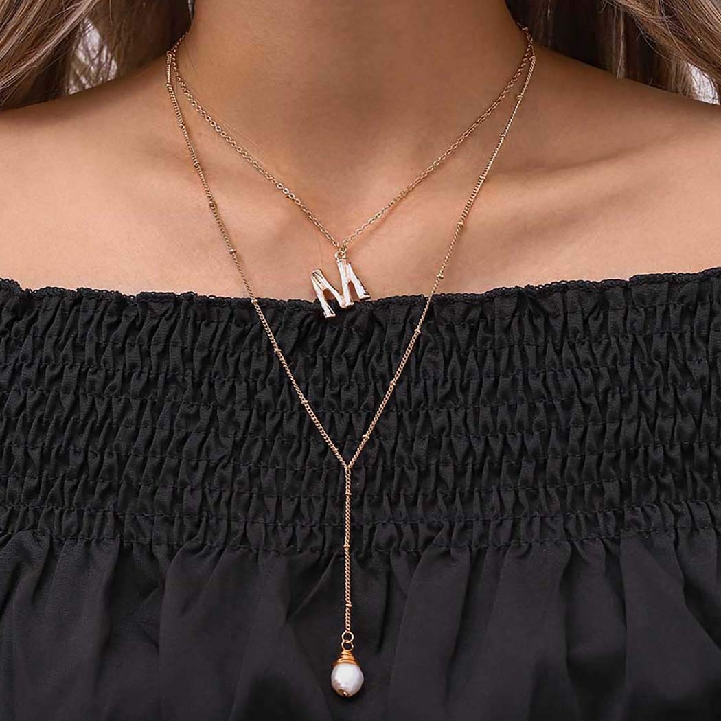Urieo Gold Pearl Y Pendant Layered Necklace for Women - Multilayer M Letter Choker Jewelry for Girls - Perfect for Casual Wear, Date Nights & Gifts