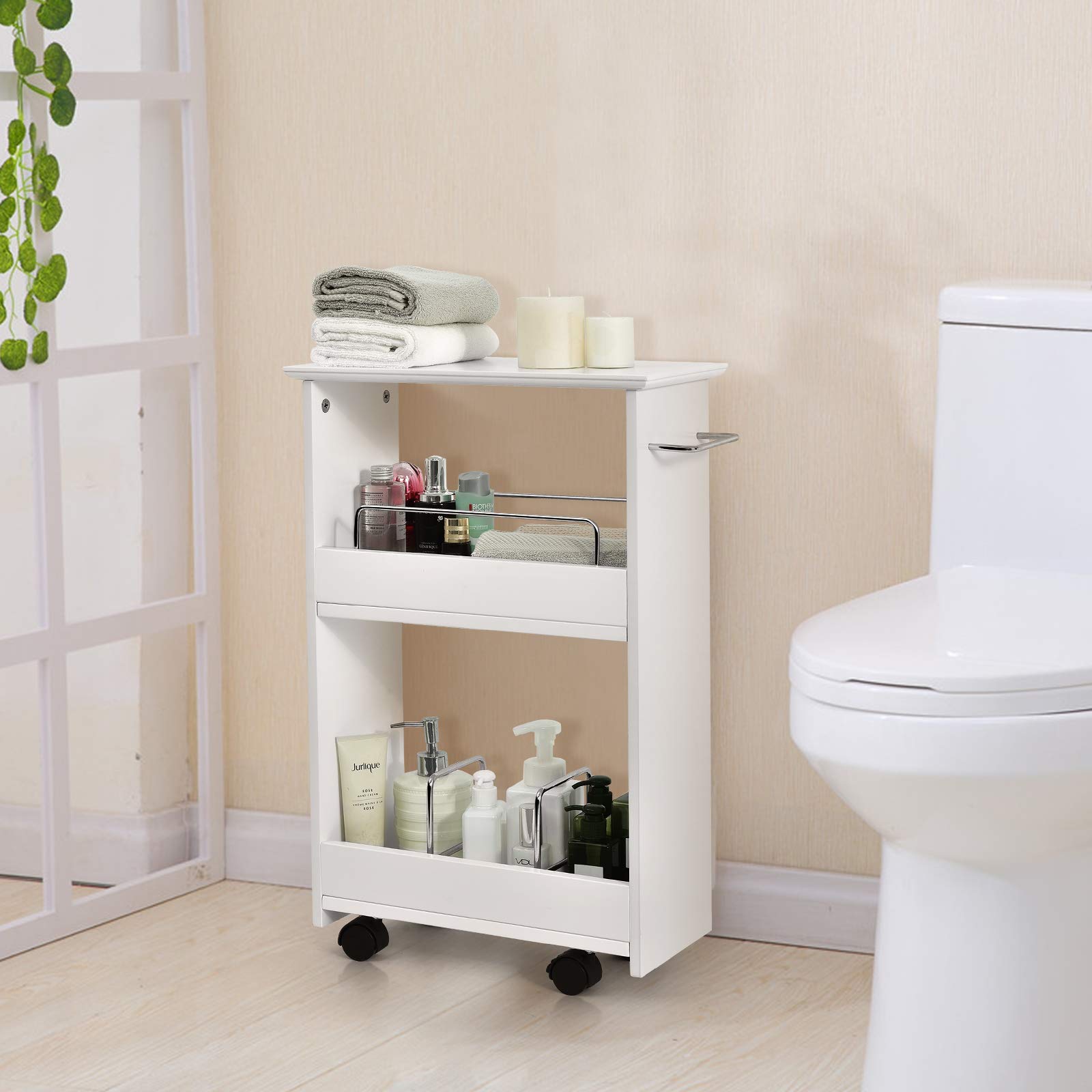 GOFLAME Slim Bathroom Storage Cart - Wooden Organizer Shelf with Towel Bar, Side Handle & Rolling Casters for Bathroom, Laundry Room, Kitchen - Perfect for Small Space Organization & Home Decor