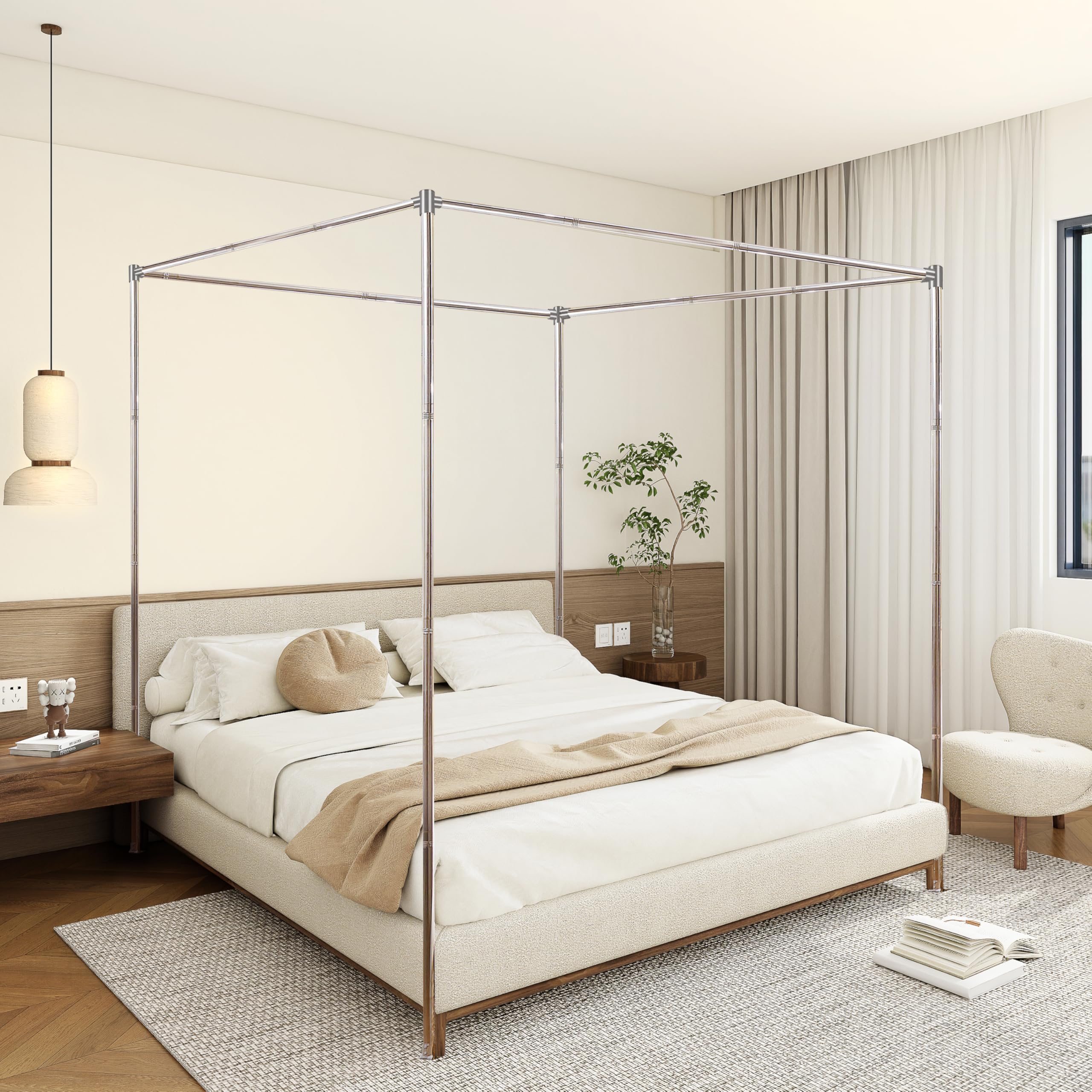 Full Size Canopy Bed Frame with Stainless Steel Poles & Curtains - Elegant 4 Corner Canopy for Metal or Wood Beds - Perfect for Bedroom Decor, Boho Chic Style, and Romantic Retreats