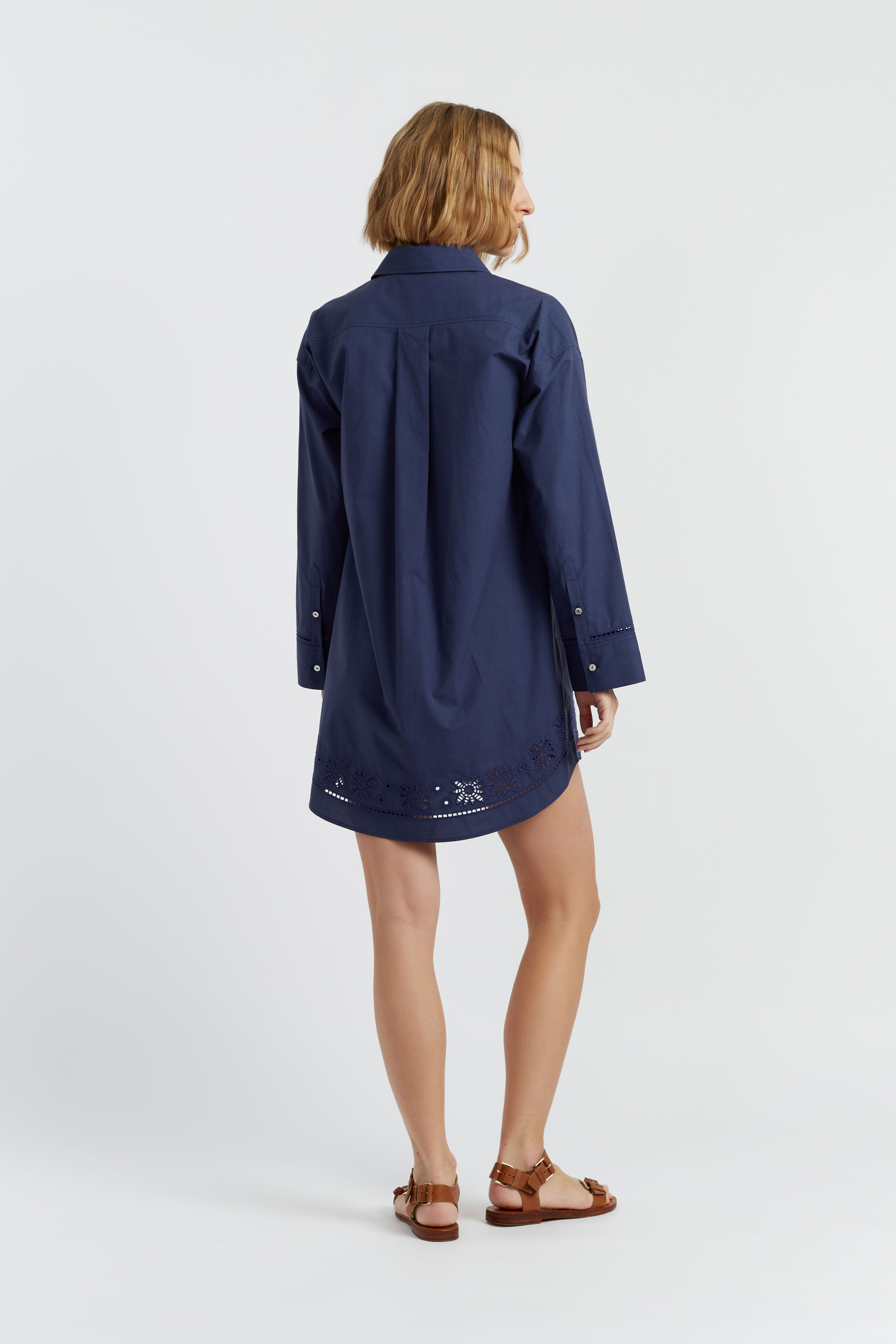 Navy Blue Cotton Lyocell Embroidered Shirt Dress for Women - Casual Summer Boho Style for Beach, Office & Date Night