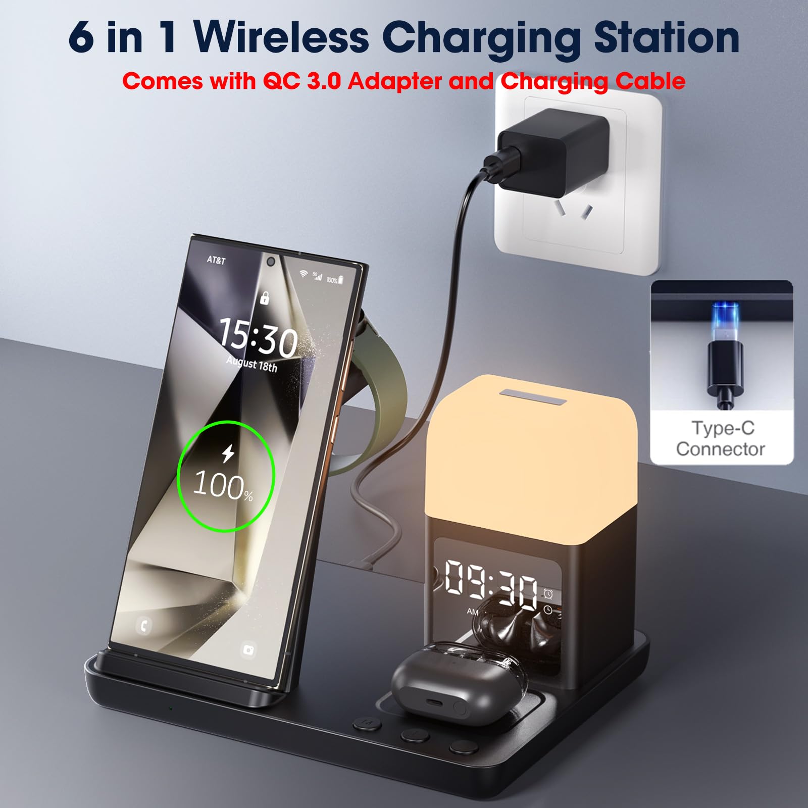 6-in-1 Wireless Charging Station for Samsung Galaxy S25/S24/S23 Ultra & Buds3 Pro - Fast Charger Stand with Alarm Clock & Night Light - Compatible with Galaxy Watch 7/6/5 (Black) | Perfect for Bedside, Office & Travel Charging