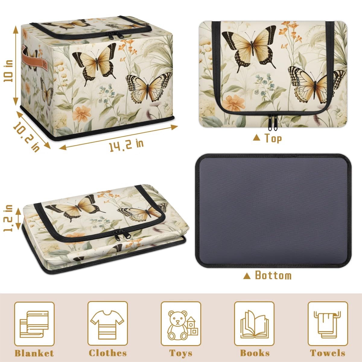 Yellow Butterfly Storage Boxes with Sturdy Handles - 2 Pack Zippered Storage Bins for Clothes, Toys & Home Organization - Perfect for Bedroom, Closet & Kids Room Storage Solutions