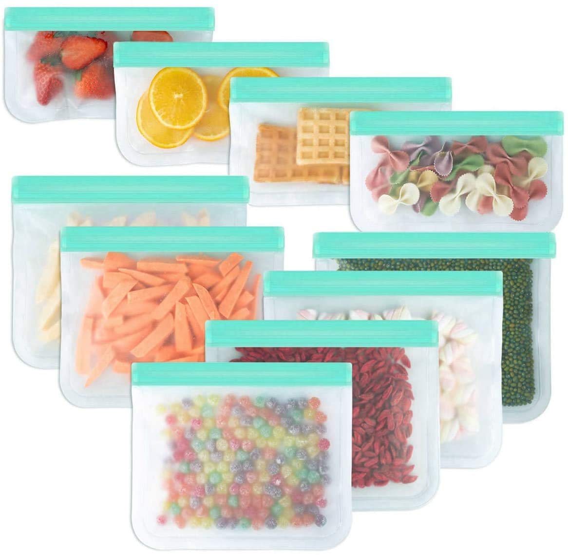 Eco-Friendly Silicone Reusable Storage Bags - 10 Pack Leakproof Double Zipper Seal Sandwich & Snack Bags | Biodegradable PEVA Food Containers for Lunch, Fruits, Vegetables & Travel | Perfect for Meal Prep, Picnics & On-the-Go Snacking