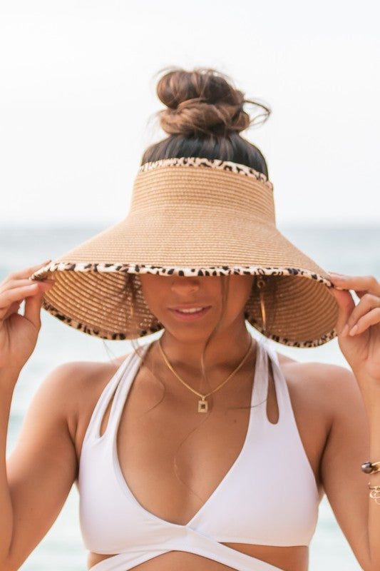 Foldable Straw Hat with Leopard Print Bow Visor - Summer Beach Hat for Women, Outdoor Sun Protection for Travel, Gardening, and Vacations