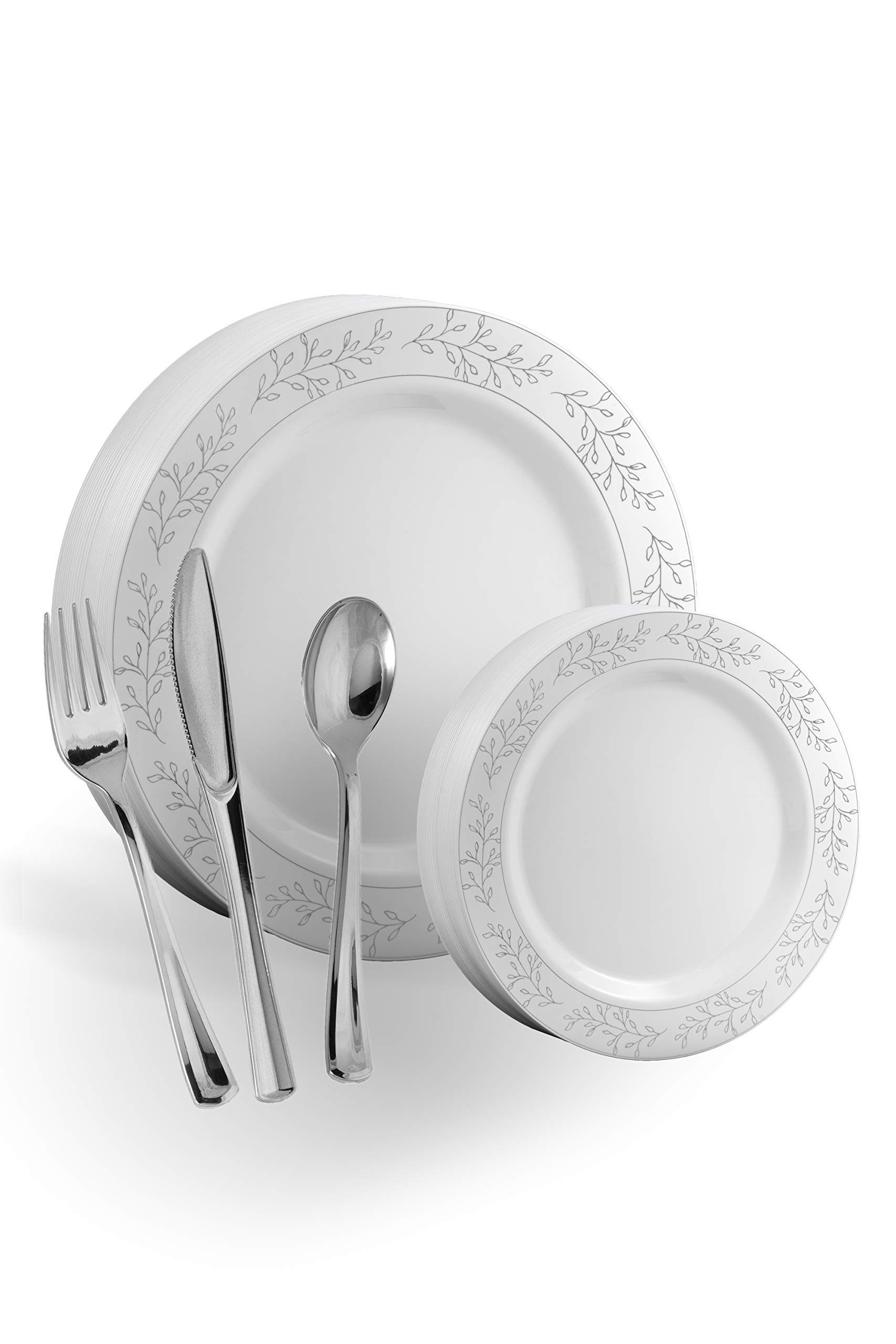 200-Piece Heavyweight Disposable Plastic Dinnerware Set - 40 Silver Leaf Trim Plates, 40 Dessert Plates & 40 Silver Plastic Cutlery (Forks, Knives, Spoons) - Elegant Party, Wedding, Picnic, and Outdoor Dining Essentials