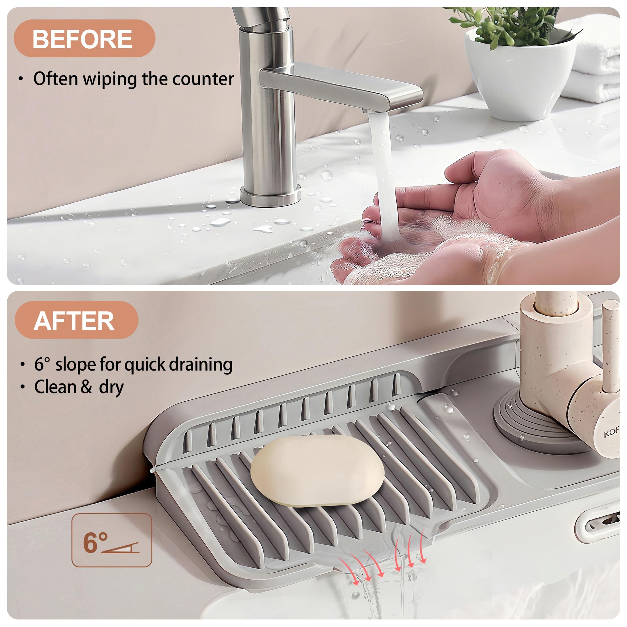 18 Inch Non-Slip Silicone Faucet Mat for Kitchen Sink - 6° Slope & Fasten Button Design, Quick-Dry Water Splash Guard Catcher Behind Faucet, RV & Bathroom Safe (Gray) | Perfect for Kitchen Countertops, RV Sinks, and Bathroom Vanities to Prevent Water Spills