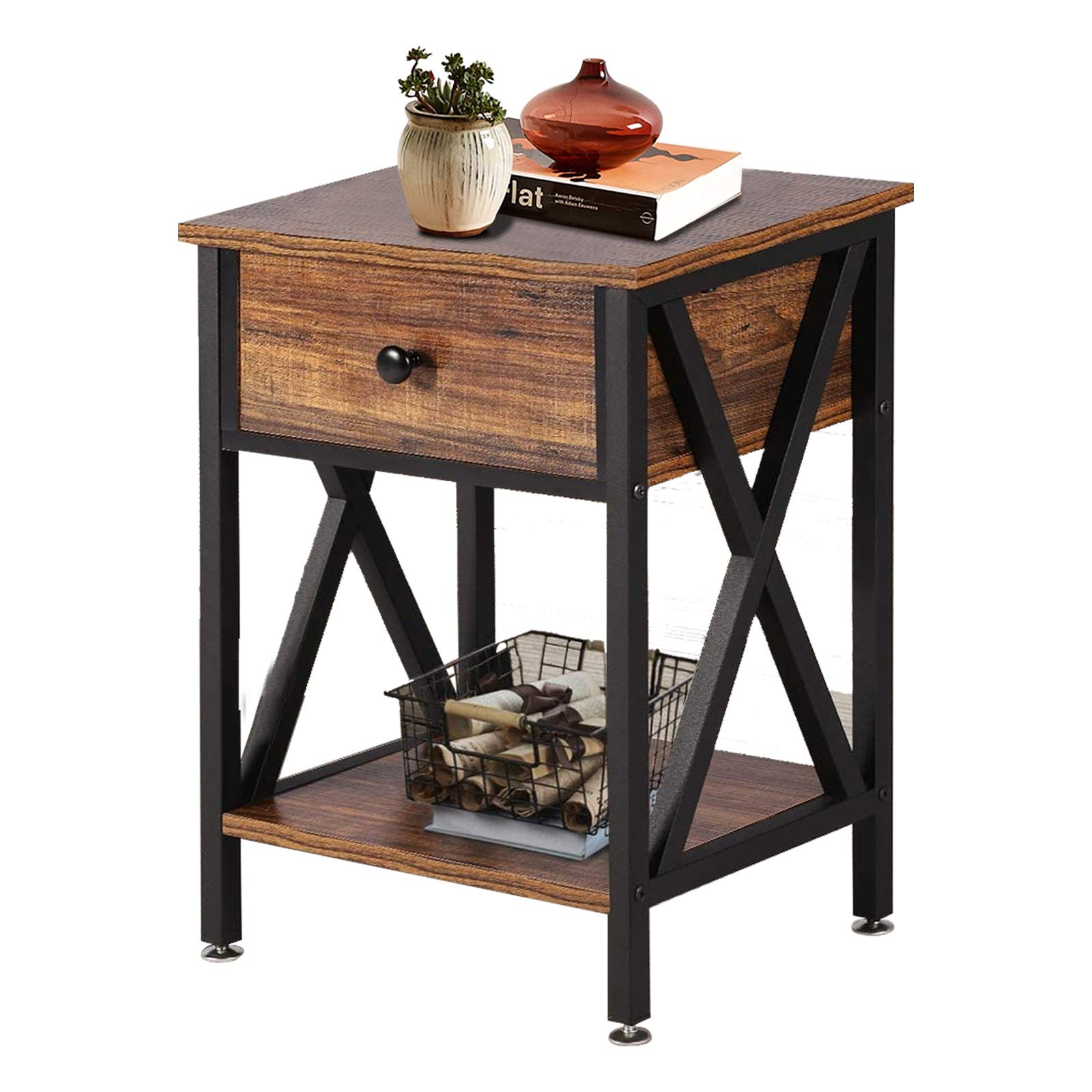 QCen Industrial Side End Table Nightstand with Drawer and Shelf - Rustic Brown Wood X-Design Bedside Storage - Easy Assembly Set of 2 for Bedroom, Living Room, Office & Dorm Decor