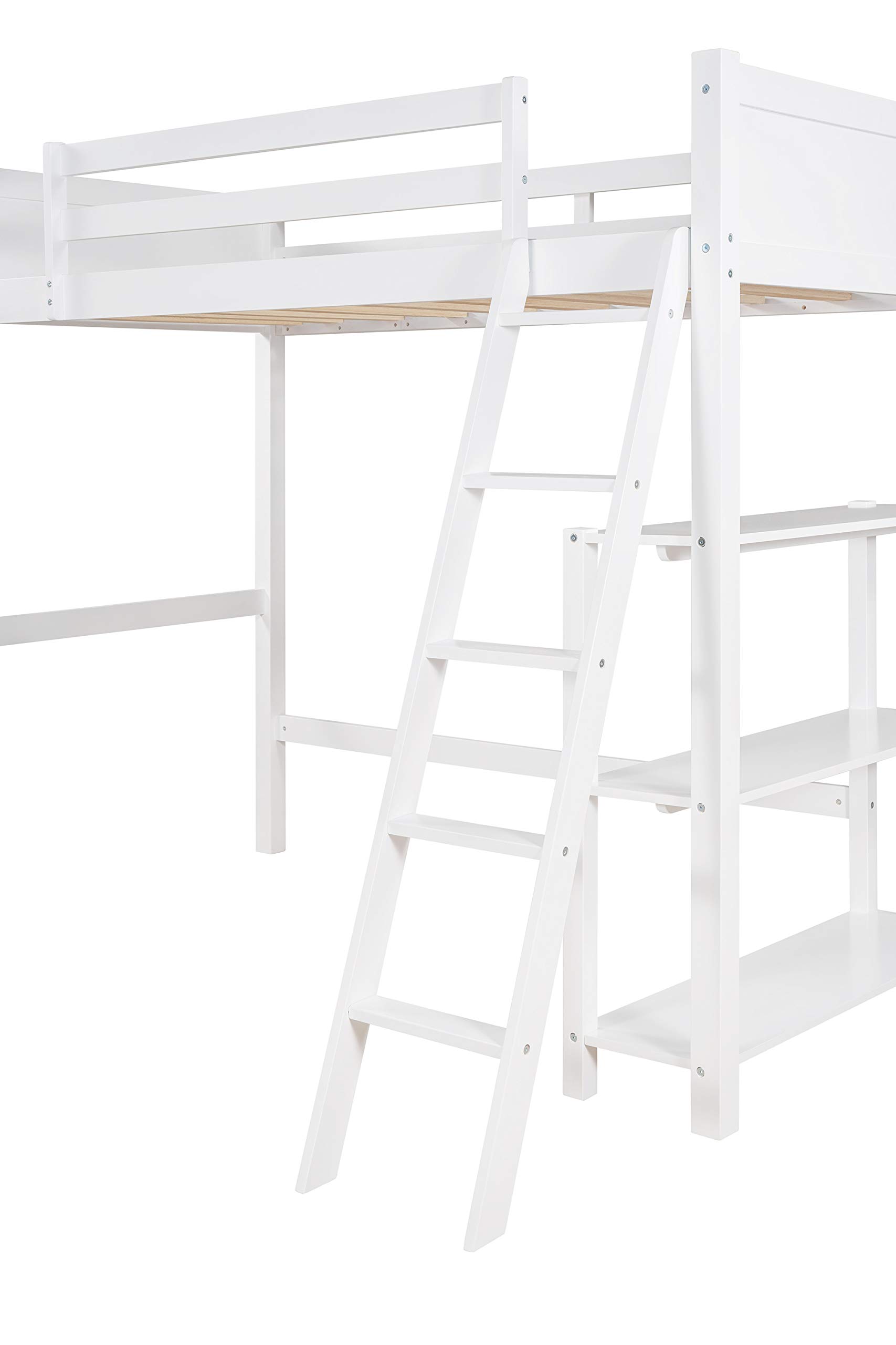 **Wooden Twin Loft Bed for Kids with Storage Shelves & Angled Ladder - No Box Spring Needed, White - Perfect for Small Bedrooms & Space-Saving Kids' Rooms**