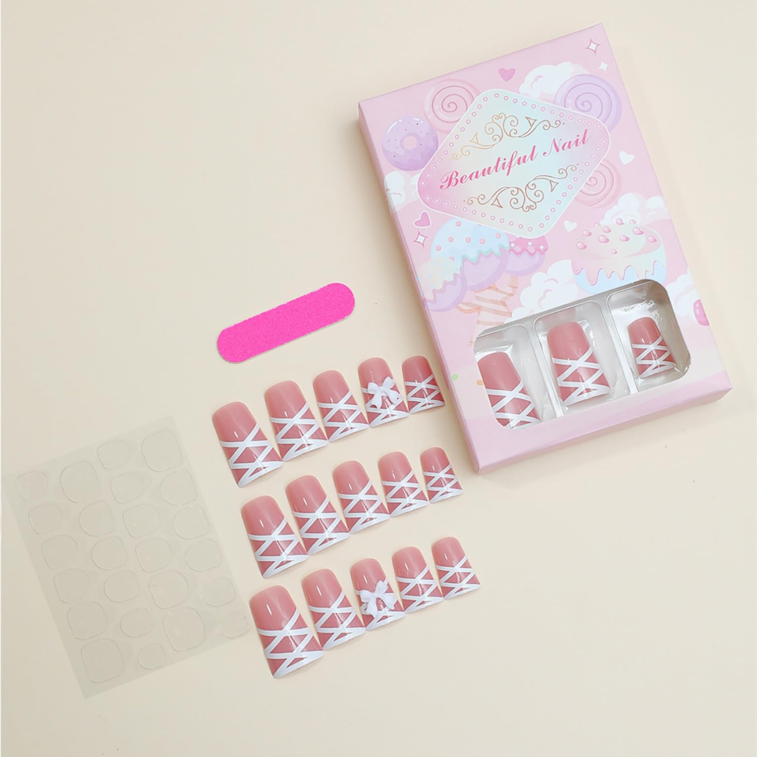 24Pcs Duck Shape Press on Nails - Glossy Full Cover Acrylic Medium Pink Fake Nails with Bow Designs | Reusable Artificial Nails with Charm & Glue | Perfect for Women & Girls | Great for Parties, Weddings, and Daily Wear