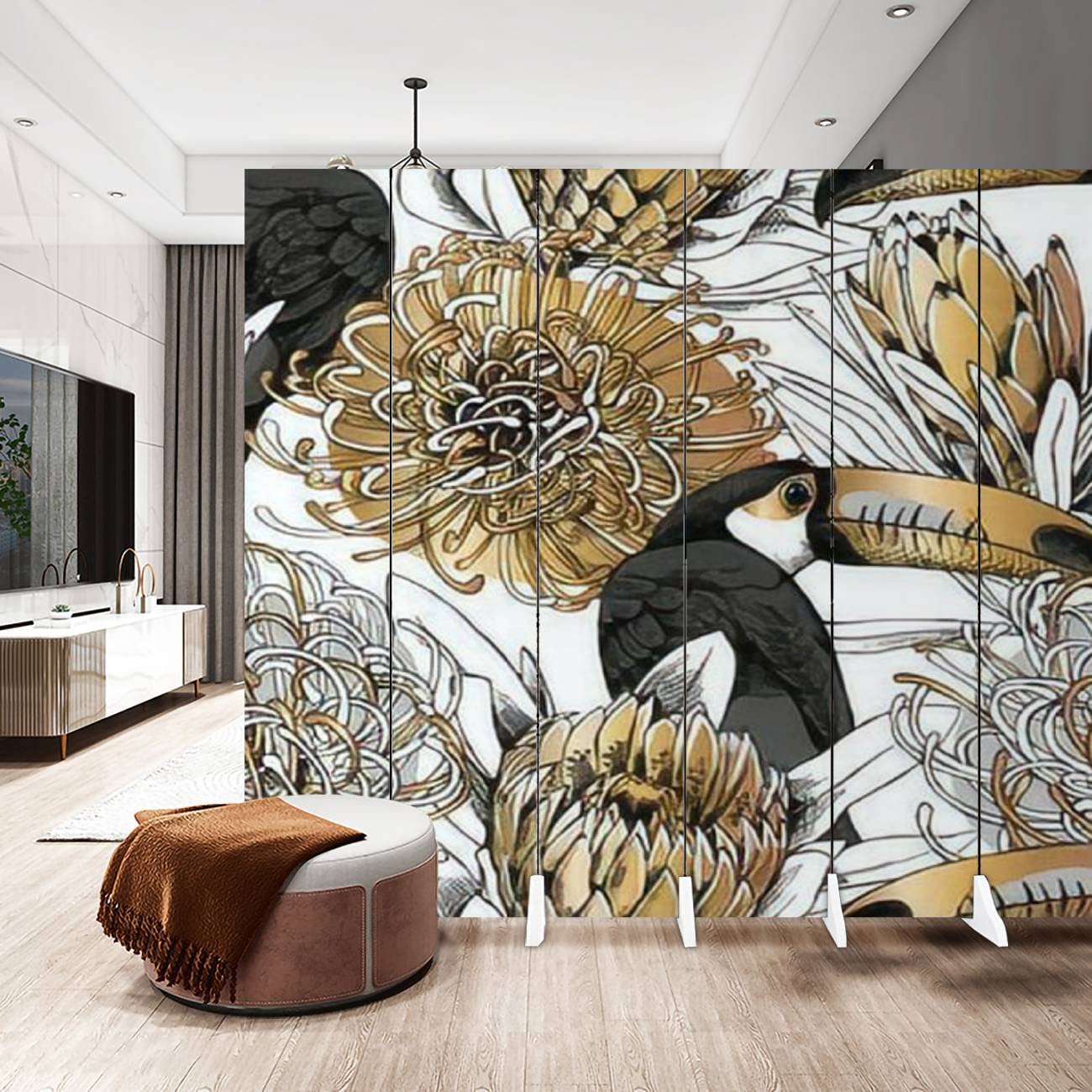 Floral Toucan Canvas Room Divider Screen - 6 Panel Folding Privacy Partition with Gold & Silver Protea Design | Perfect for Home Office, Living Room, Bedroom Separation & Decoration