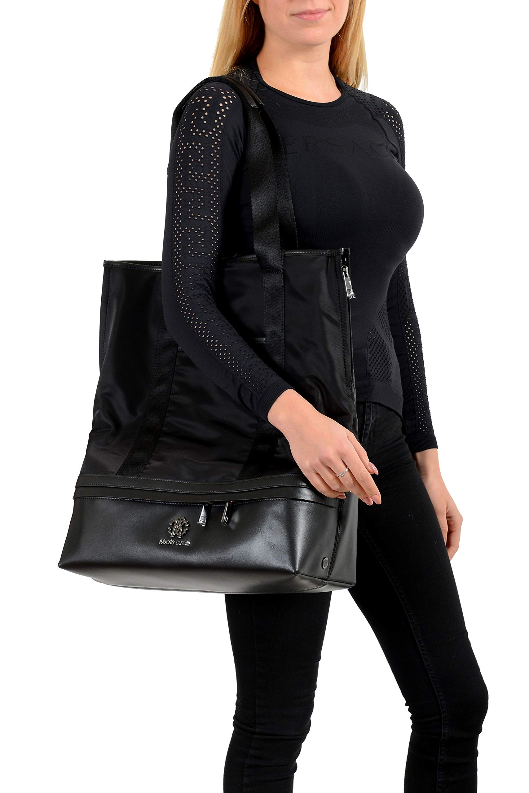 Roberto Cavalli Unisex Black Leather Trimmed Shoulder Handbag Tote Bag - Stylish & Durable for Work, Travel & Everyday Use