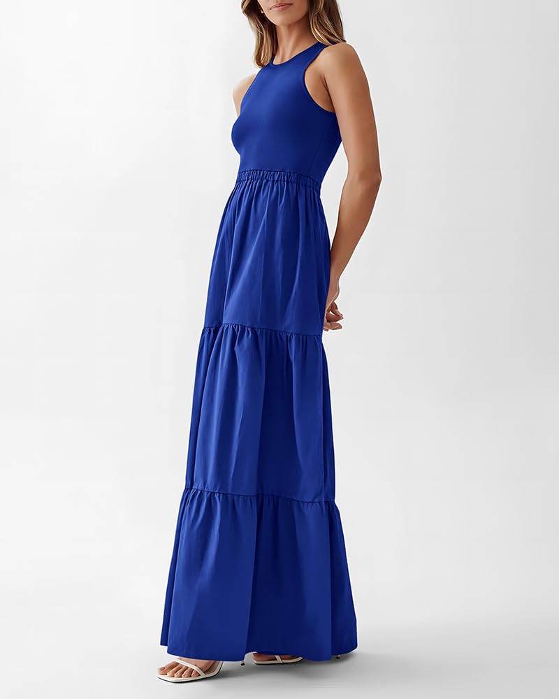 BTFBM Women's Sleeveless Summer Dress - Elegant Wedding Guest Maxi Dress with Ribbed Knit Top & Polyester Skirt with Pockets | Perfect for Beach Vacations, Garden Parties & Casual Outings