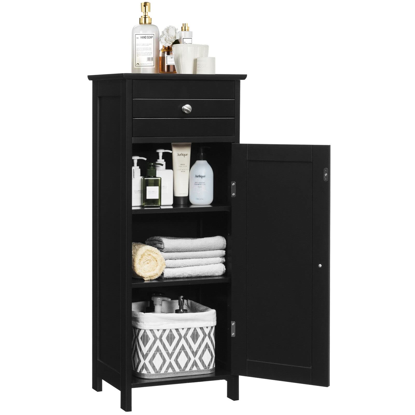 LHONE Wooden Floor Cabinet Organizer - Free-Standing Bathroom & Laundry Room Storage with Door, Drawer & Adjustable Shelves - White/Black - Perfect for Bath Essentials, Towels & Cleaning Supplies