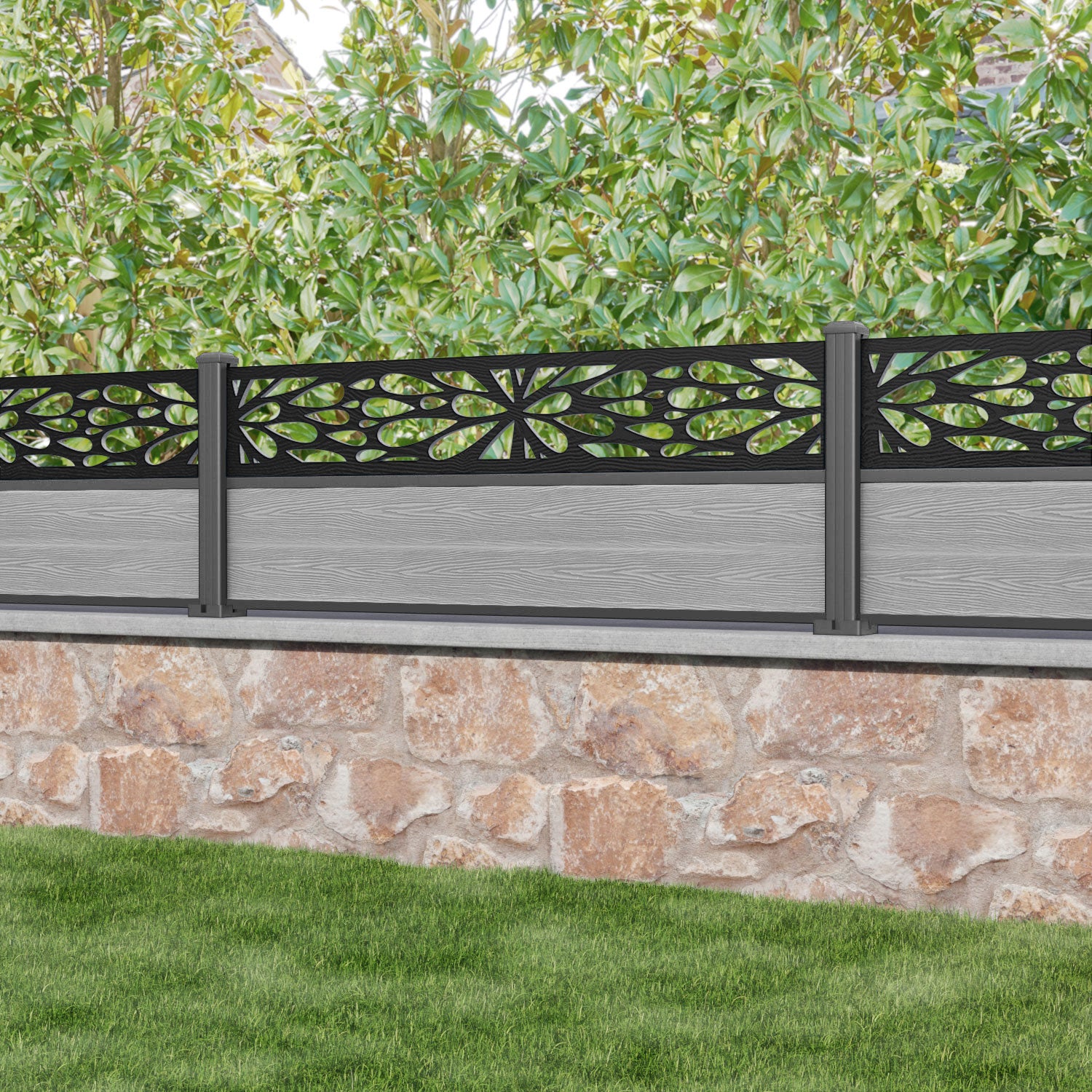 Classic Blossom Fence Panel - Light Grey Aluminum Garden Fence with Durable Posts for Outdoor Privacy & Decoration | Perfect for Backyard, Patio, and Poolside Landscaping