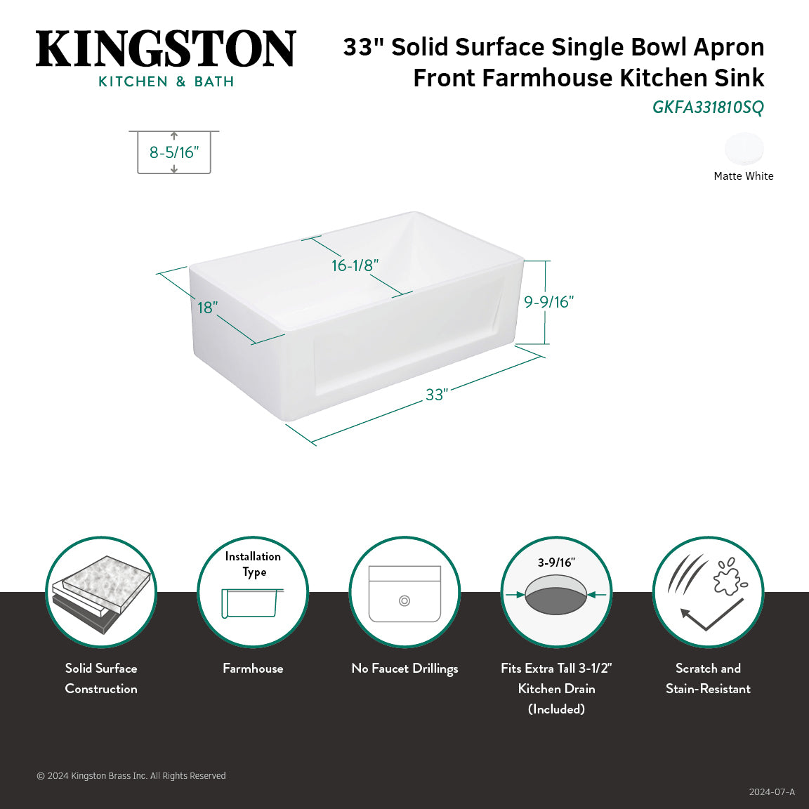 Arcticstone 33 Inch White Farmhouse Kitchen Sink - Matte White Solid Surface Single Bowl Apron Front Sink with Strainer - Perfect for Modern Farmhouse, Rustic & Country Style Kitchens