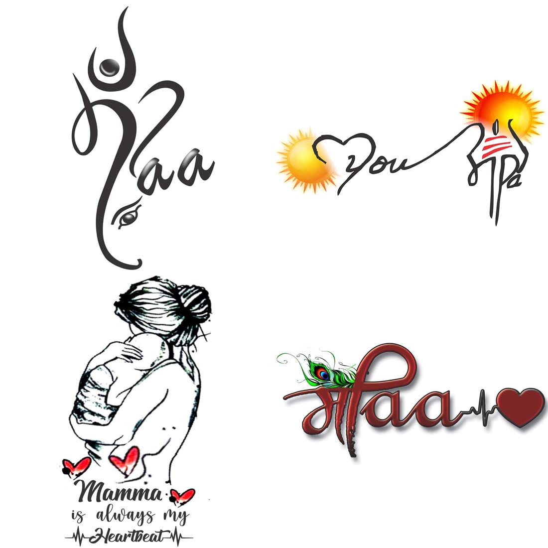 Pack of 4 Temporary Tattoo Stickers - Maa Paa Black Design for Men & Women (2x4 Inch) | Waterproof Fake Body Art for Parties, Festivals & Costume Events