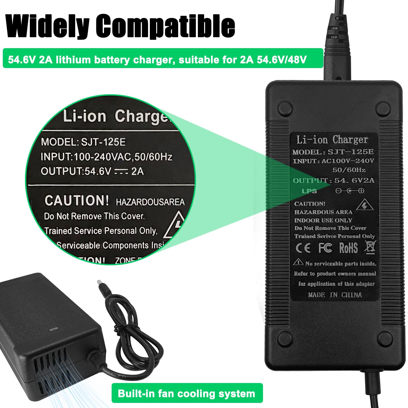 54.6V 2A Universal Charger with 6 Plugs - Compatible with 13S 48V Li-ion Batteries, Perfect for Electric Bicycles, Scooters & eBikes | Fast Charging for Commuting & Outdoor Adventures