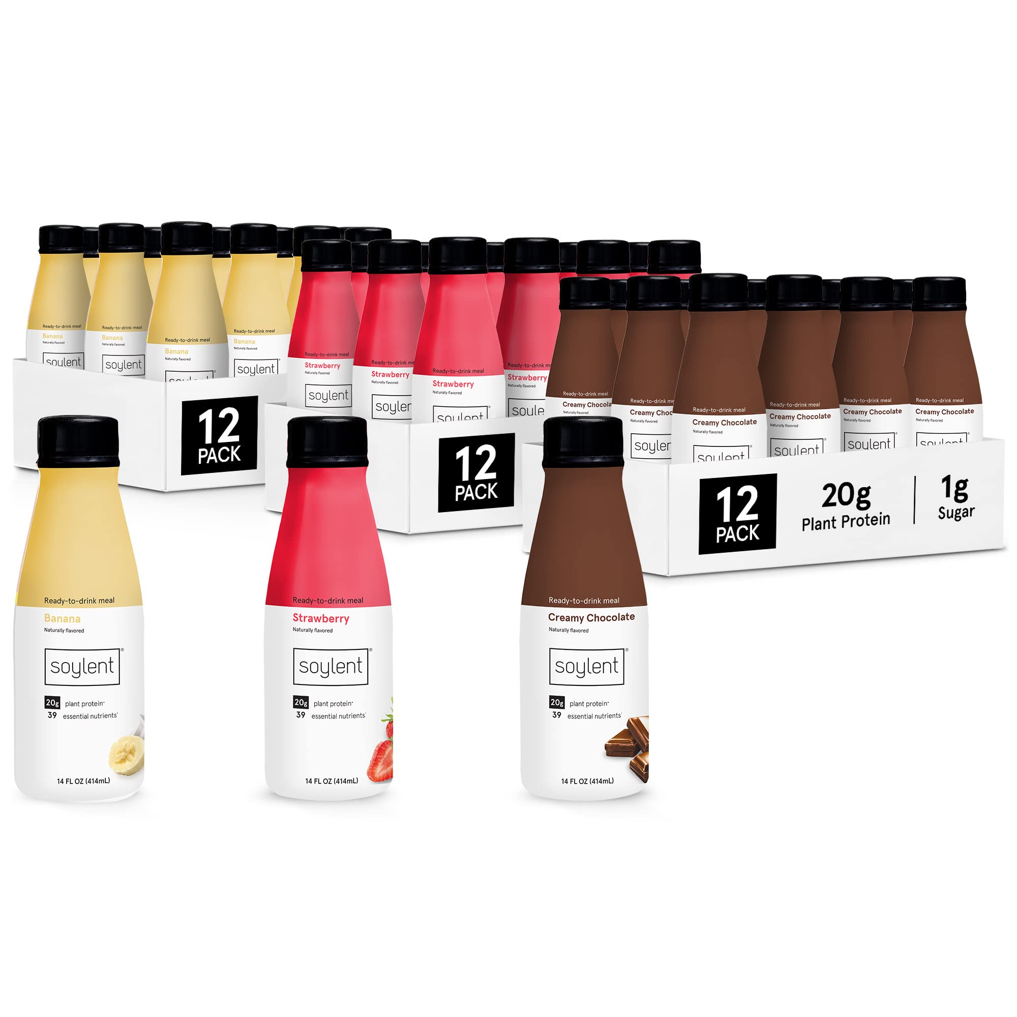 Soylent Meal Replacement Shake Banana Split Bundle - Creamy Chocolate, Banana & Strawberry Flavors, 14oz (36 Bottles) | High Protein Vegan Shakes for Weight Loss, Busy Professionals & On-the-Go Nutrition