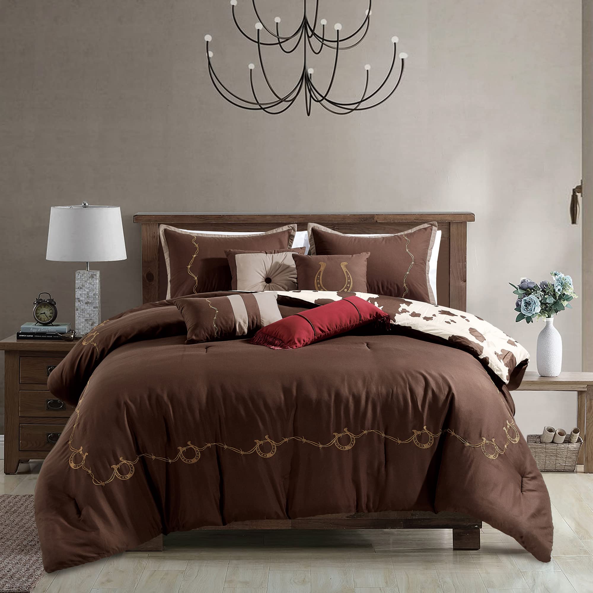 Rustic Cowhide Brown & White Cow Print Skull Bedding Comforter Set - 7 Piece Luxury Reversible Queen/King Size Bed in a Bag for Western, Farmhouse & Bohemian Style Bedrooms