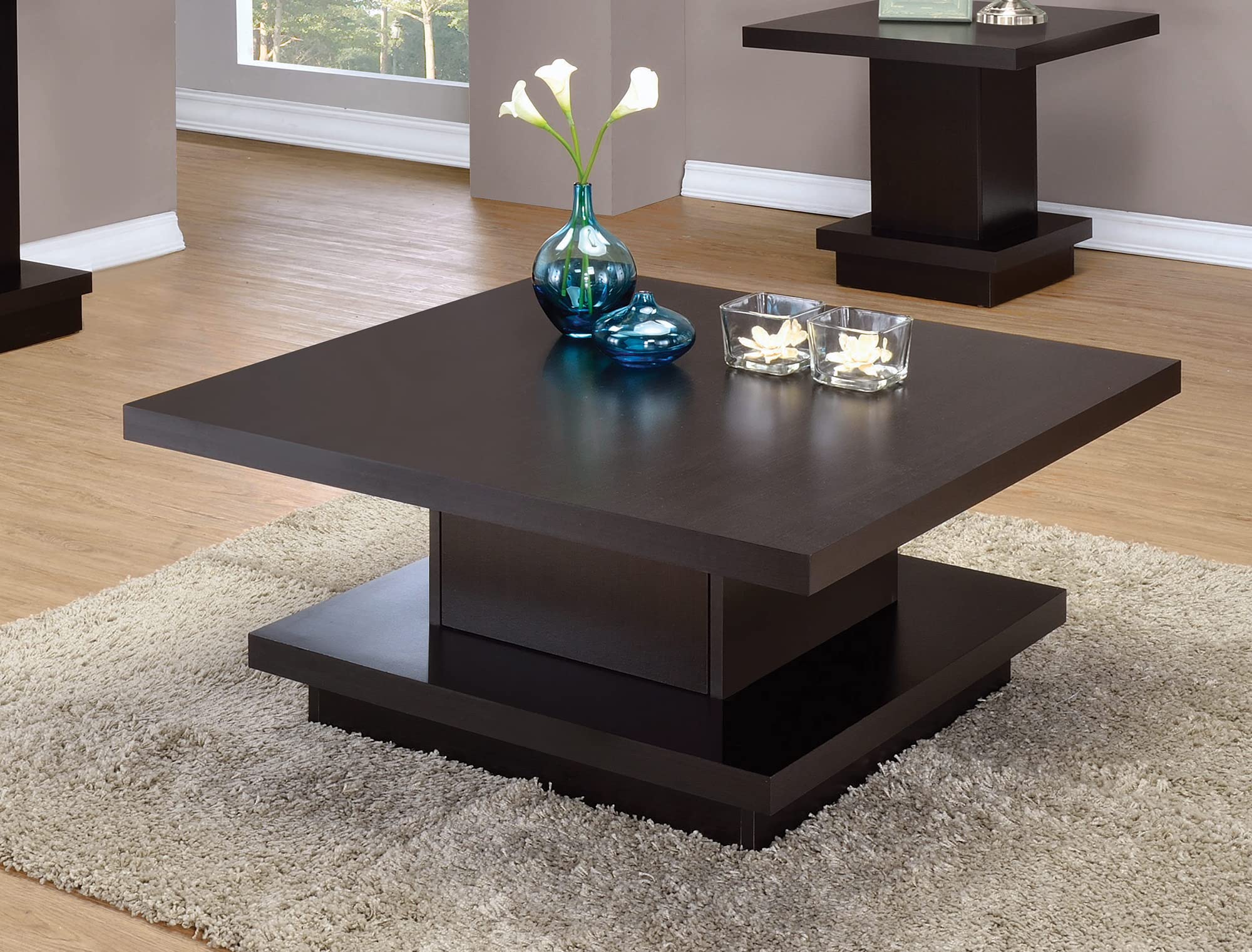 Modern Square Coffee Table with Pedestal Base in Cappuccino Finish - Perfect for Living Room, Lounge, or Office Decor
