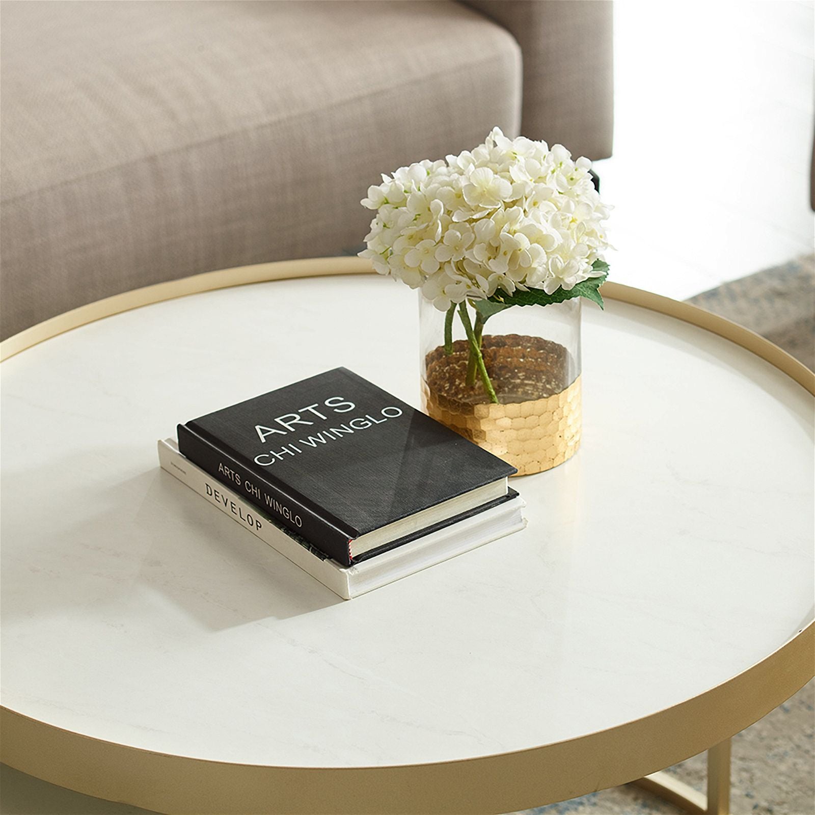 Criterion White Marble Finish Champagne Metal Frame Nested Coffee Table - Modern Living Room Furniture for Small Spaces & Home Decor