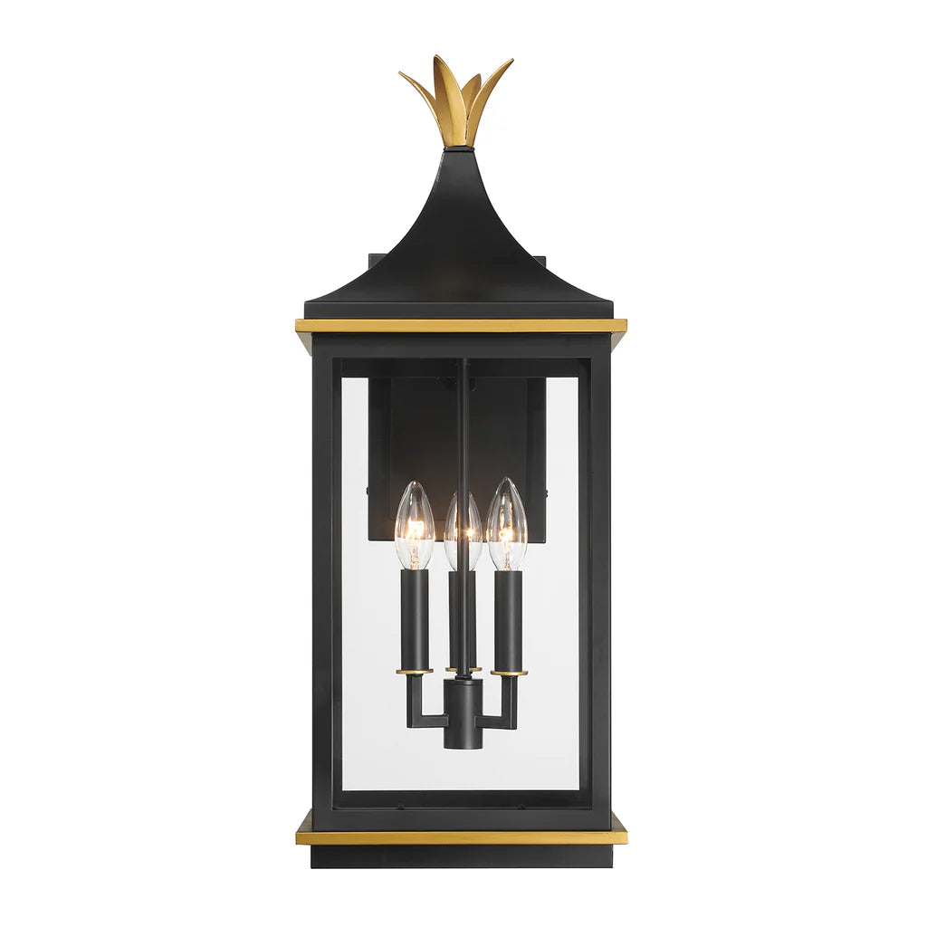 Simpson 3-Light Outdoor Wall Sconce - 10x25 Inch Stainless Steel & Glass Matte Black Fixture with Textured Gold Finish - 120V E12 Candelabra Base LED Compatible - Perfect for Patio Lighting, Garden Decor & Exterior Wall Illumination