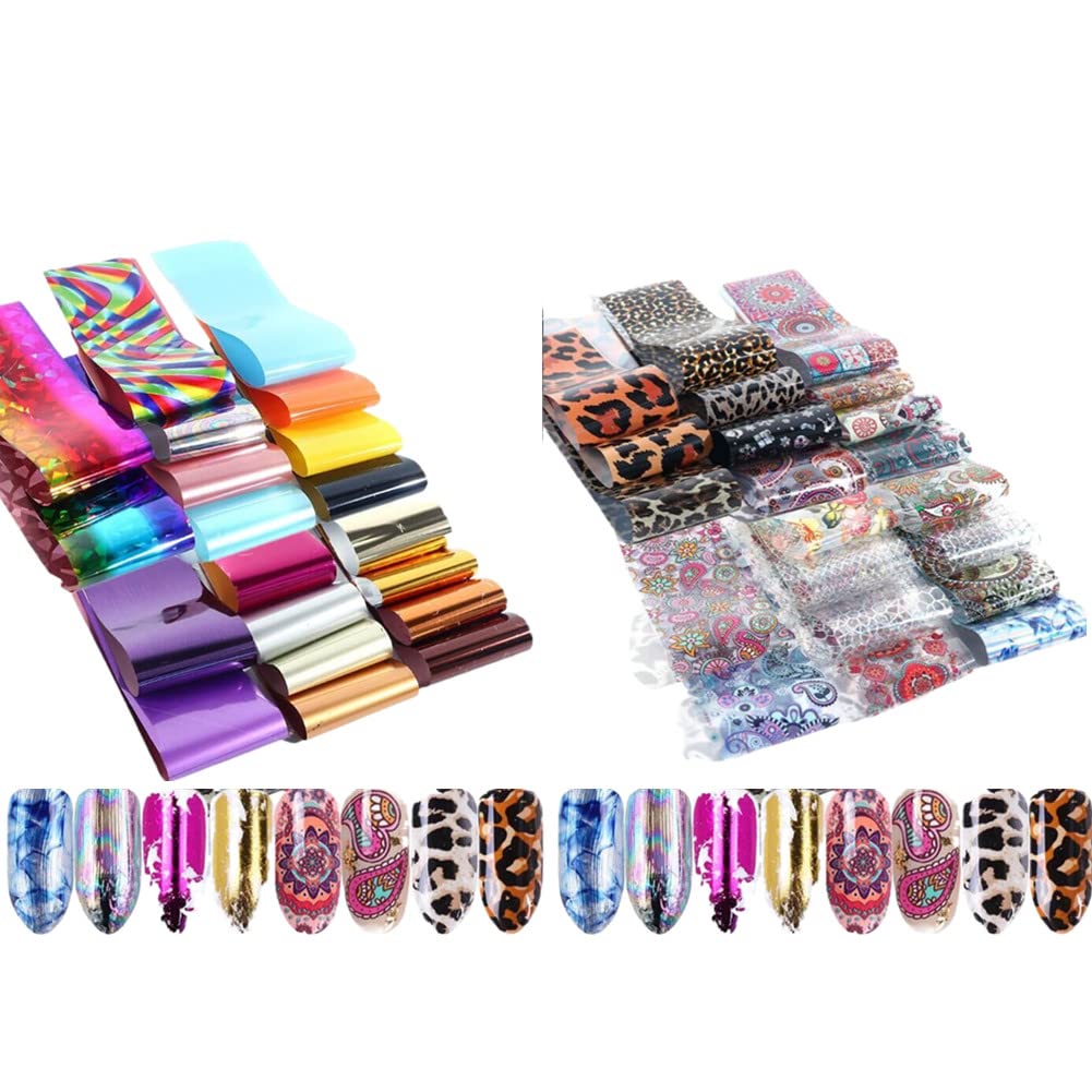 50 Sheets Nail Art Foil Transfer Stickers - Laser Flower & Leopard Print Holographic Nail Decals for DIY Manicure | Starry Sky & Metallic Designs | Perfect for Home Salon, Parties & Gift Giving