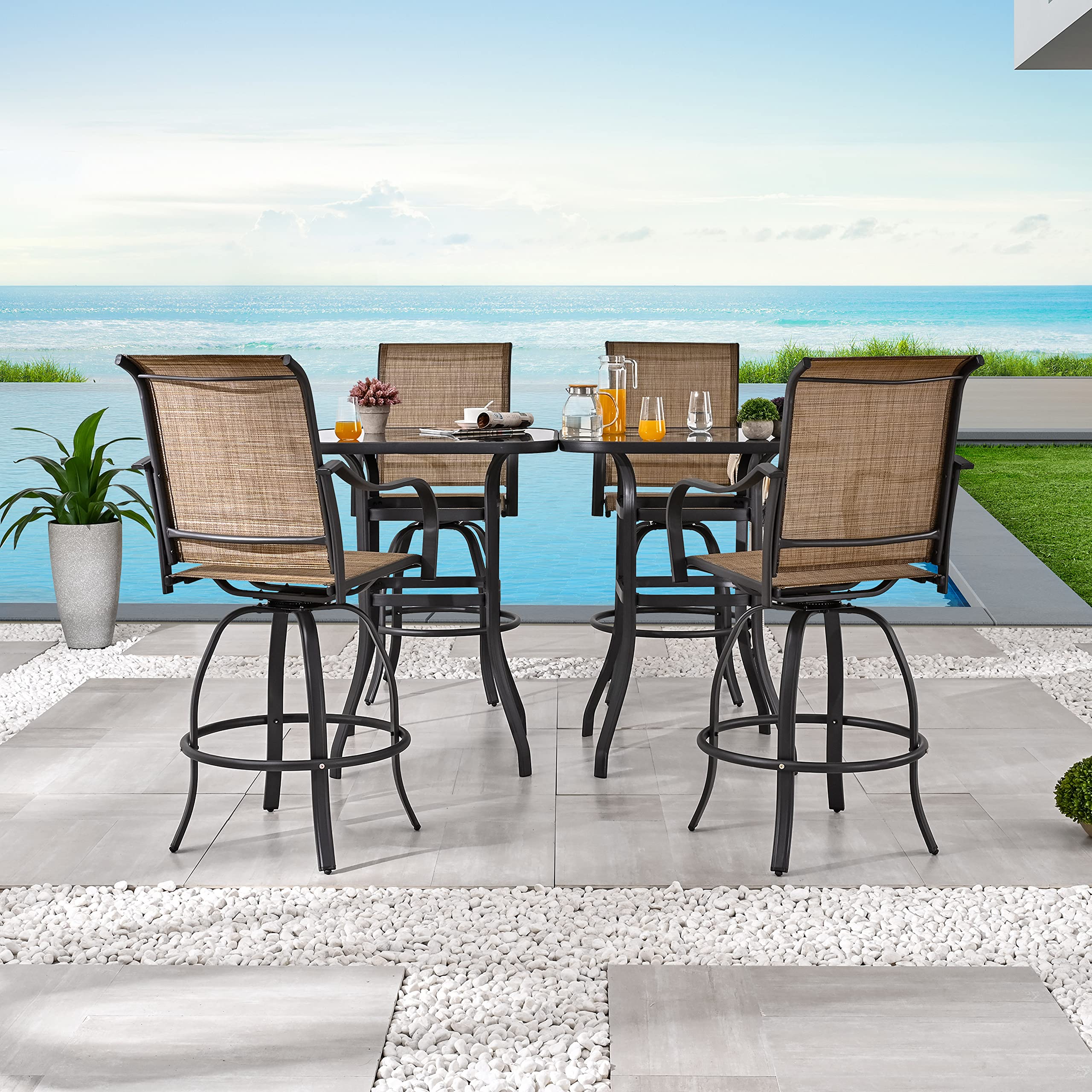 6-Piece Patio Dining Set with Swivel Bar Stools & Tempered Glass Table - Outdoor Metal Bistro Furniture for Yard, Garden, or Balcony (Brown) - Perfect for Entertaining, BBQs, and Relaxing Outdoors