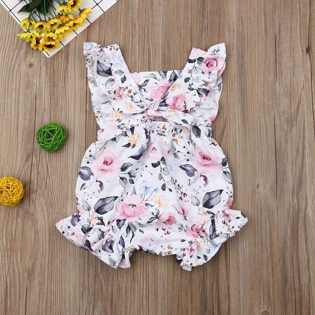 Kuriozud Baby Girl Floral Romper - Newborn Infant Ruffle Bodysuit One-Piece Jumpsuit | Summer Outfit for Girls | Perfect for Photoshoots, Parties & Outdoor Play