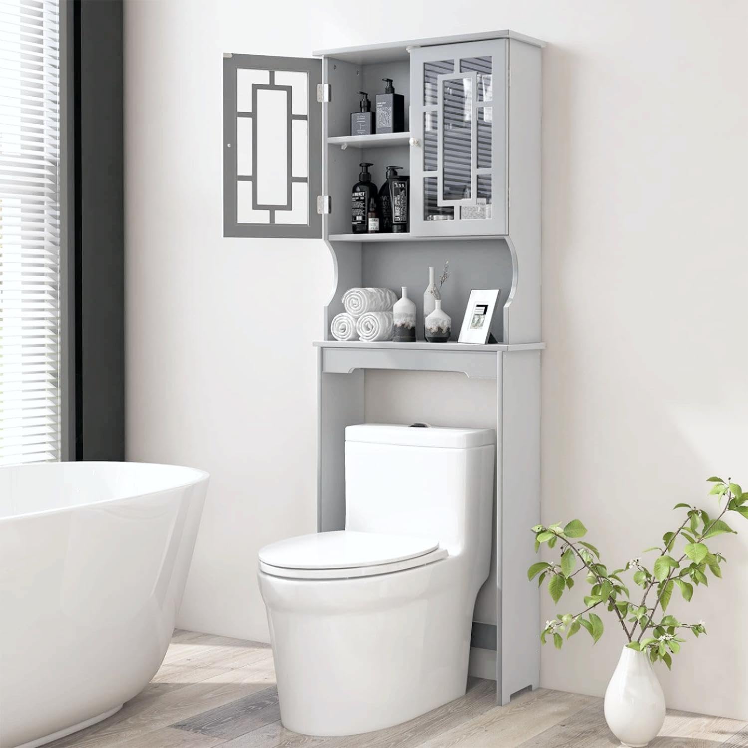 Over The Toilet Storage Cabinet - Wooden Bathroom Organizer with Adjustable Shelves, Double Doors & Open Storage - Space Saving Freestanding Toilet Rack Unit (Gray) - Perfect for Small Bathrooms, Apartments & Dorm Rooms