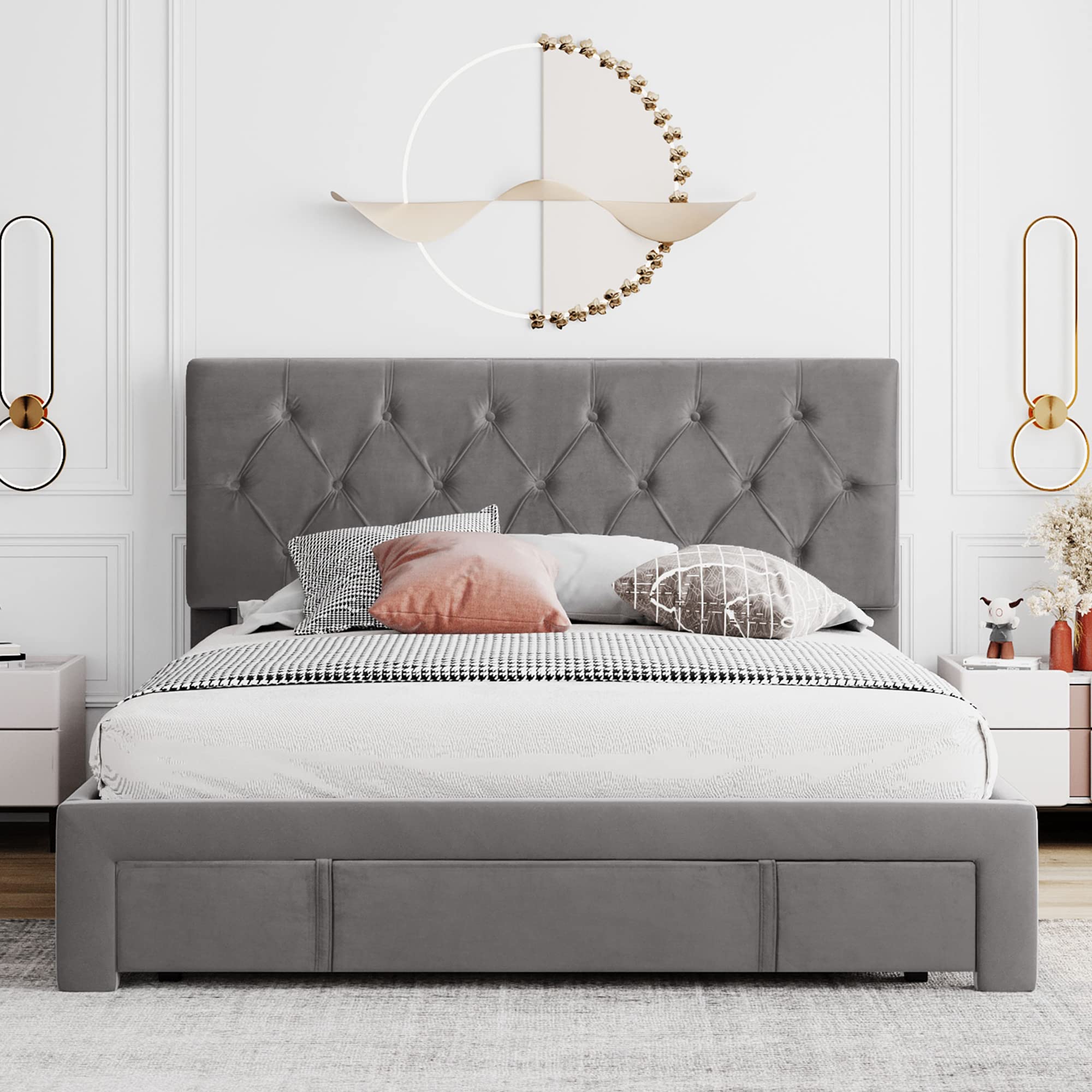 Velvet Upholstered Queen Size Storage Bed Frame with Headboard & Large Drawer - No Box Spring Needed - Grey - Perfect for Bedroom & Guestroom (Space-Saving Storage Solution)