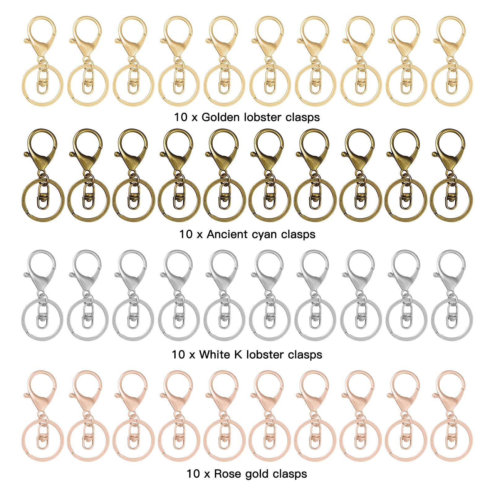 40pcs Lobster Claw Clasp Keychain Set - Swivel Hooks Metal Key Rings with Flat Split Rings for Jewelry Making, DIY Crafts, Keychains (4 Colors) - Perfect for DIY Projects, Gift Accessories & Organizing Keys