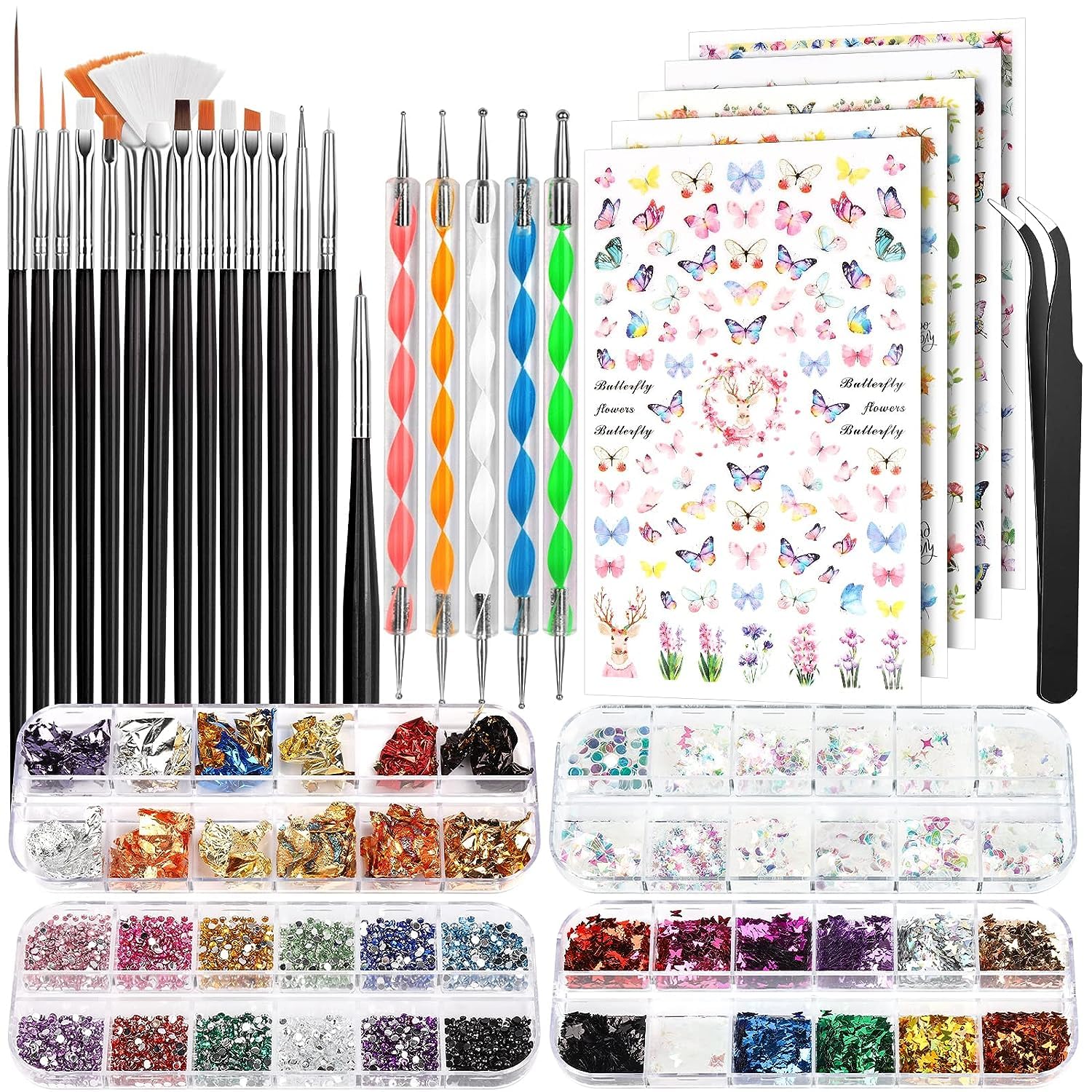 Gleevia Professional Nail Art Brushes Set - Nail Design Kit with Dotting Pens, Stickers, Butterfly Sequins, Foils, Iridescent Flakes & Rhinestones for DIY Manicure - Perfect for Home Salon, Party Nails & Professional Nail Artists (Black)