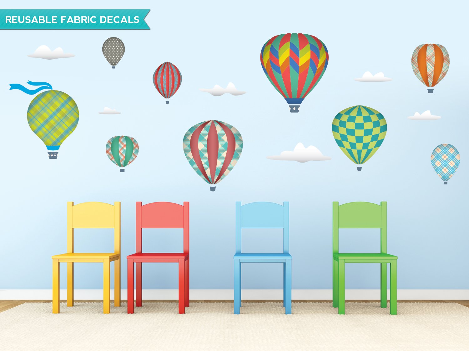 Jumbo Rainbow Hot Air Balloons Fabric Wall Decals - 5 Color Options, Set of 9 Balloons & Clouds - Perfect for Nursery, Kids Room & Classroom Decor