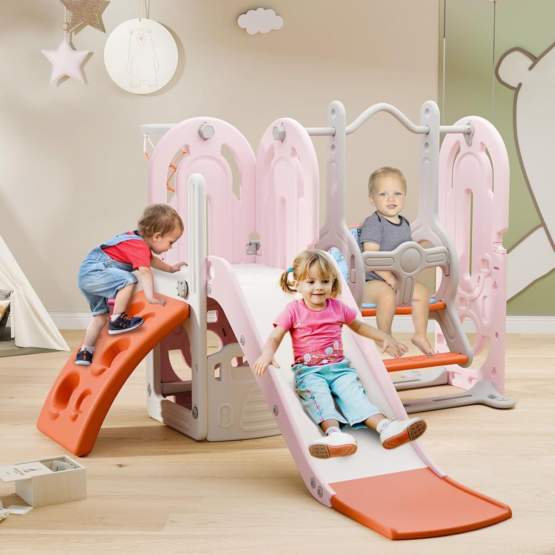 BIERUM 5-in-1 Toddler Slide and Swing Set with Basketball Hoop - Indoor/Outdoor Playground for Kids Ages 1-3 (Pink & Orange) - Perfect for Backyard, Playroom, and Preschool Activities