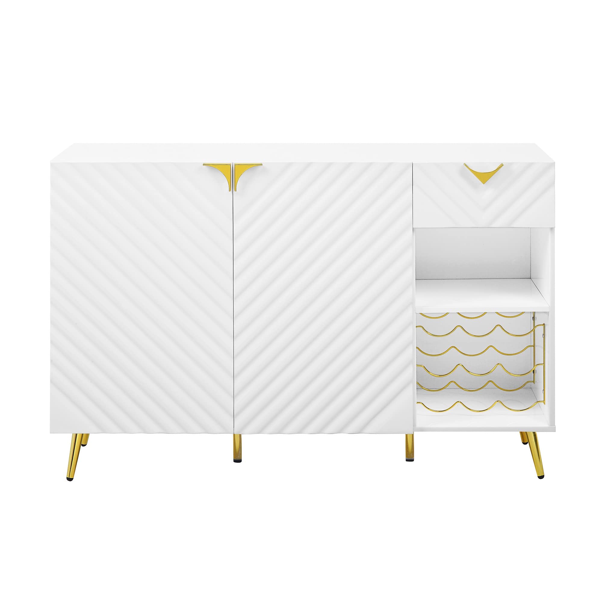 Elountik Gaines Kitchen Buffet Server Sideboard with Storage Cabinet, Wine Rack, Shelves & Drawer - White High Gloss Finish with Gold Legs - Perfect for Dining Room, Living Room or Kitchen Storage Organization