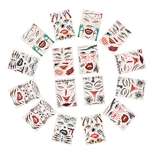 NOLITOY 16 Sheets Halloween Face Stickers - Temporary Tattoo Makeup Stickers for Cat Eyes, Wounds & Stitches | Perfect for Halloween Costumes, Cosplay & Party Makeup Accessories