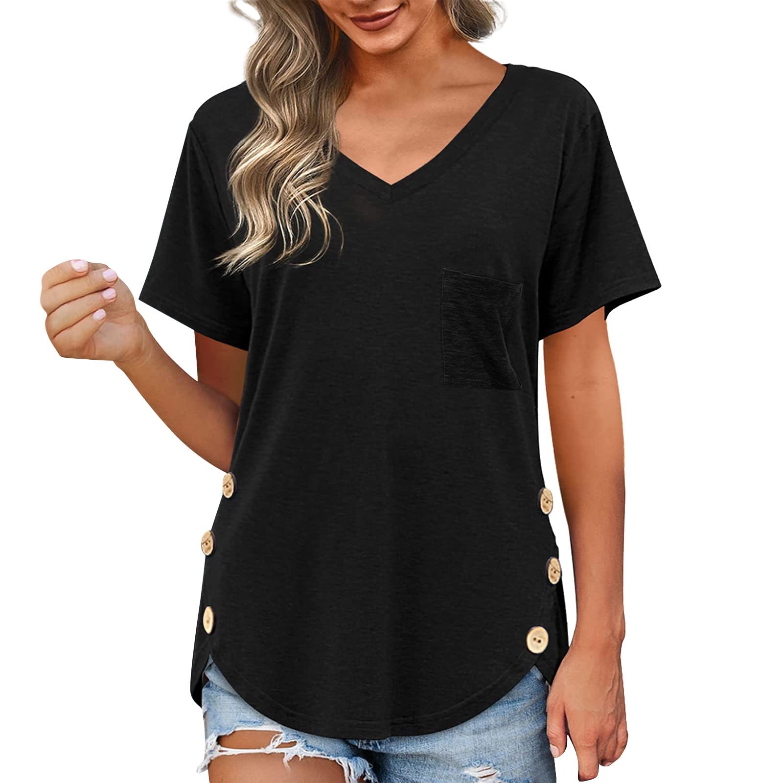 Women's White Button Down Shirt & V-Neck Rolled Short Sleeve Pocket T-Shirt - Casual Office Wear, Summer Outfits & Layering Essentials