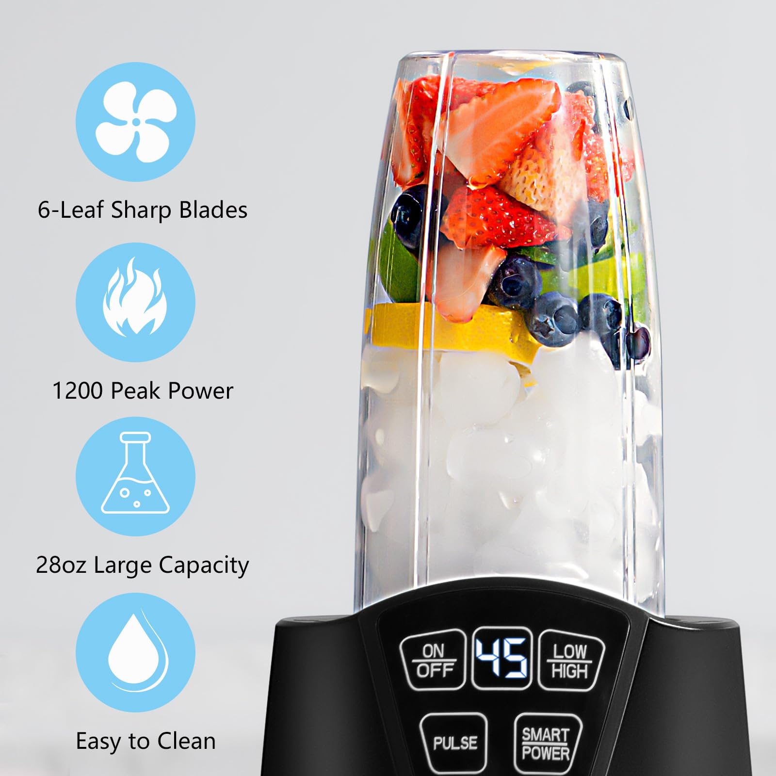 1200W High-Speed Personal Blender for Smoothies, Shakes & Frozen Drinks - Includes 2 Travel Cups (28oz Each) with Leak-Proof Lids - Perfect for Home, Office & Gym Use - Black