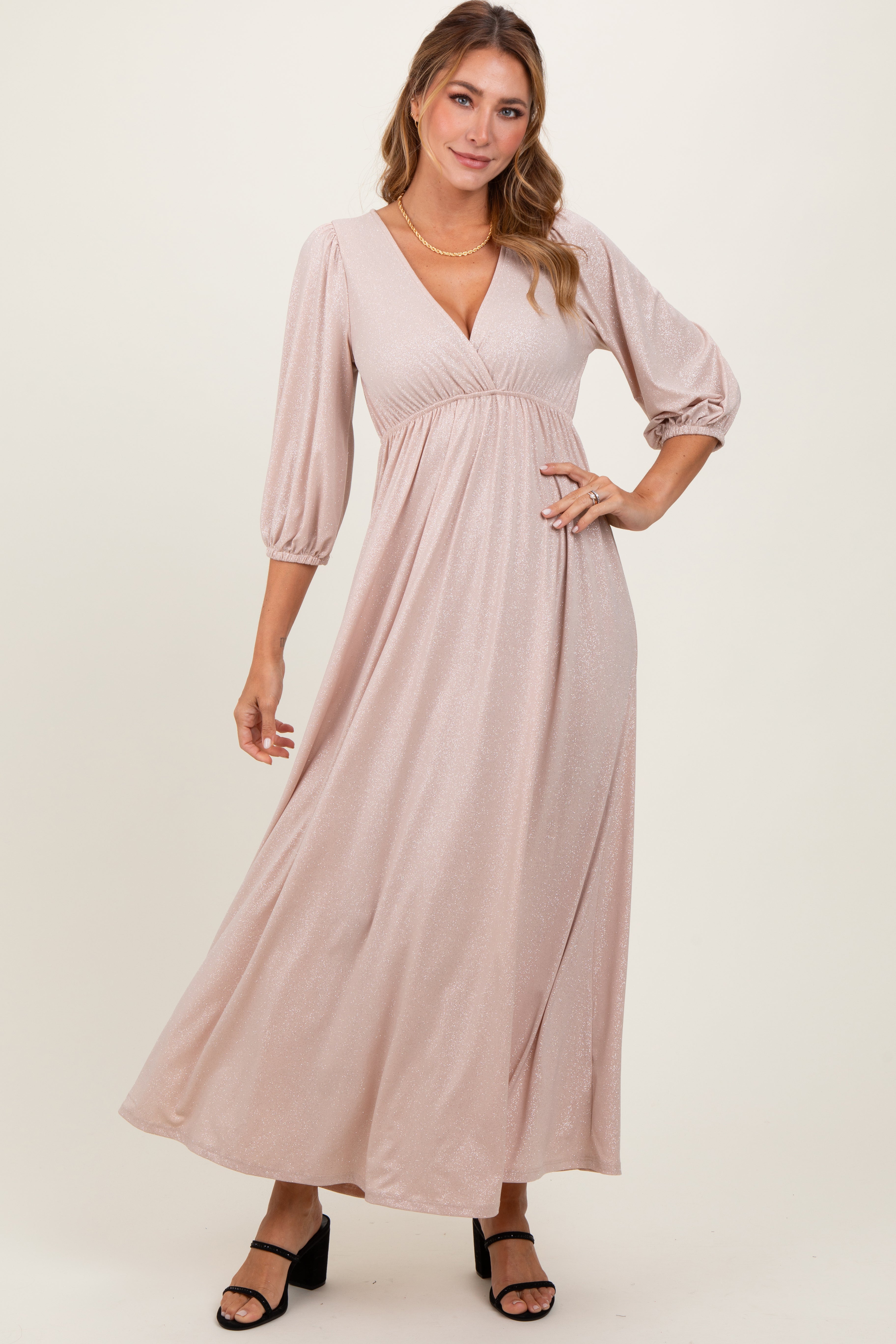 Elegant Beige Glitter V-Neck Maxi Dress for Women - Perfect for Evening Parties, Weddings & Special Occasions