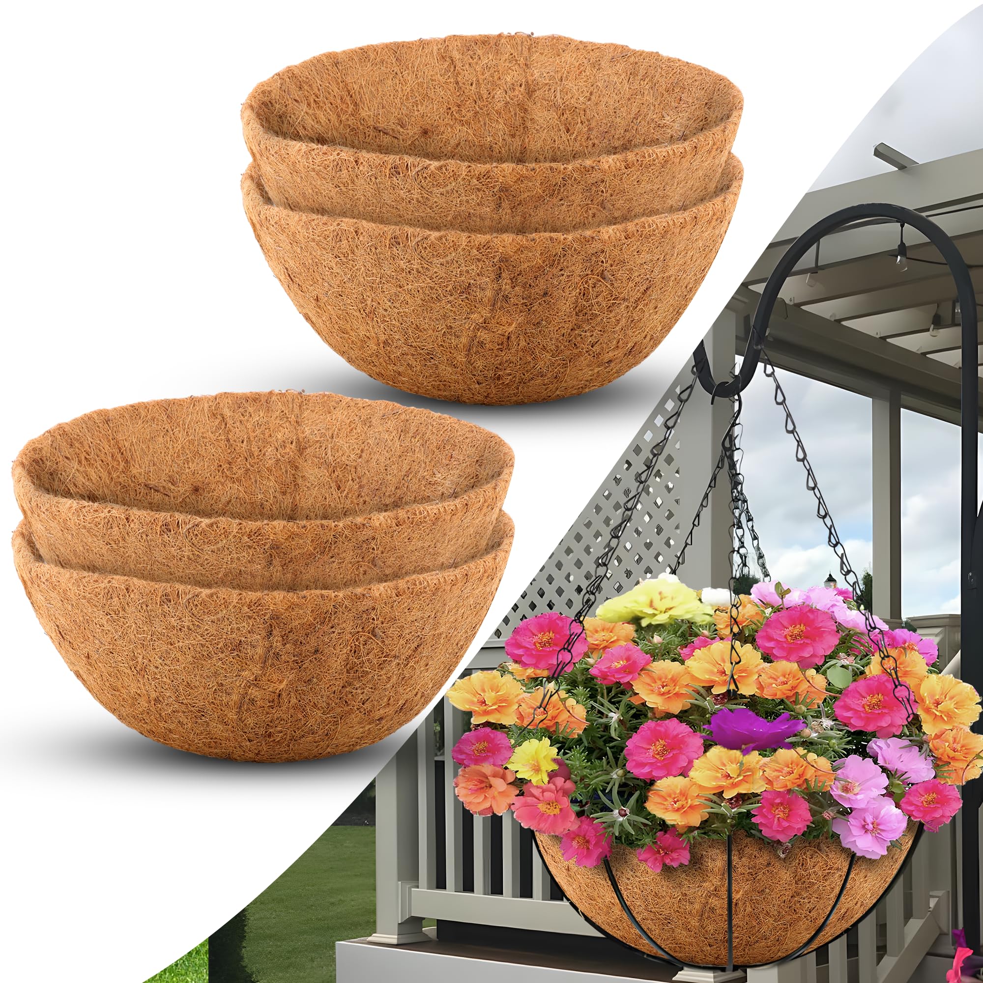 16 Inch Coco Liners for Planters - 4 Pack Round Coconut Fiber Hanging Basket Liners for Flowers, Plants & Garden - Perfect for Indoor/Outdoor Decor, Balcony & Patio Gardening
