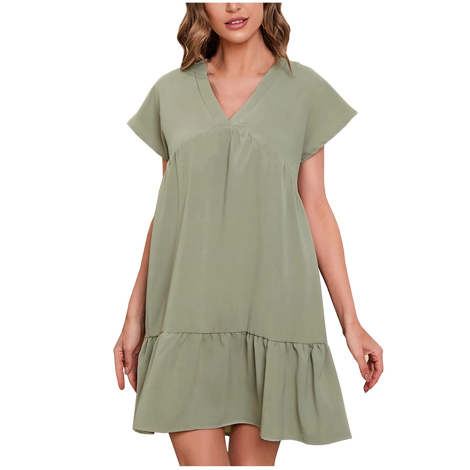 Women's Summer Chiffon Mini Dress 2022 - Casual V-Neck Short Sleeve Solid Color Sundress for Beach, Party & Everyday Wear