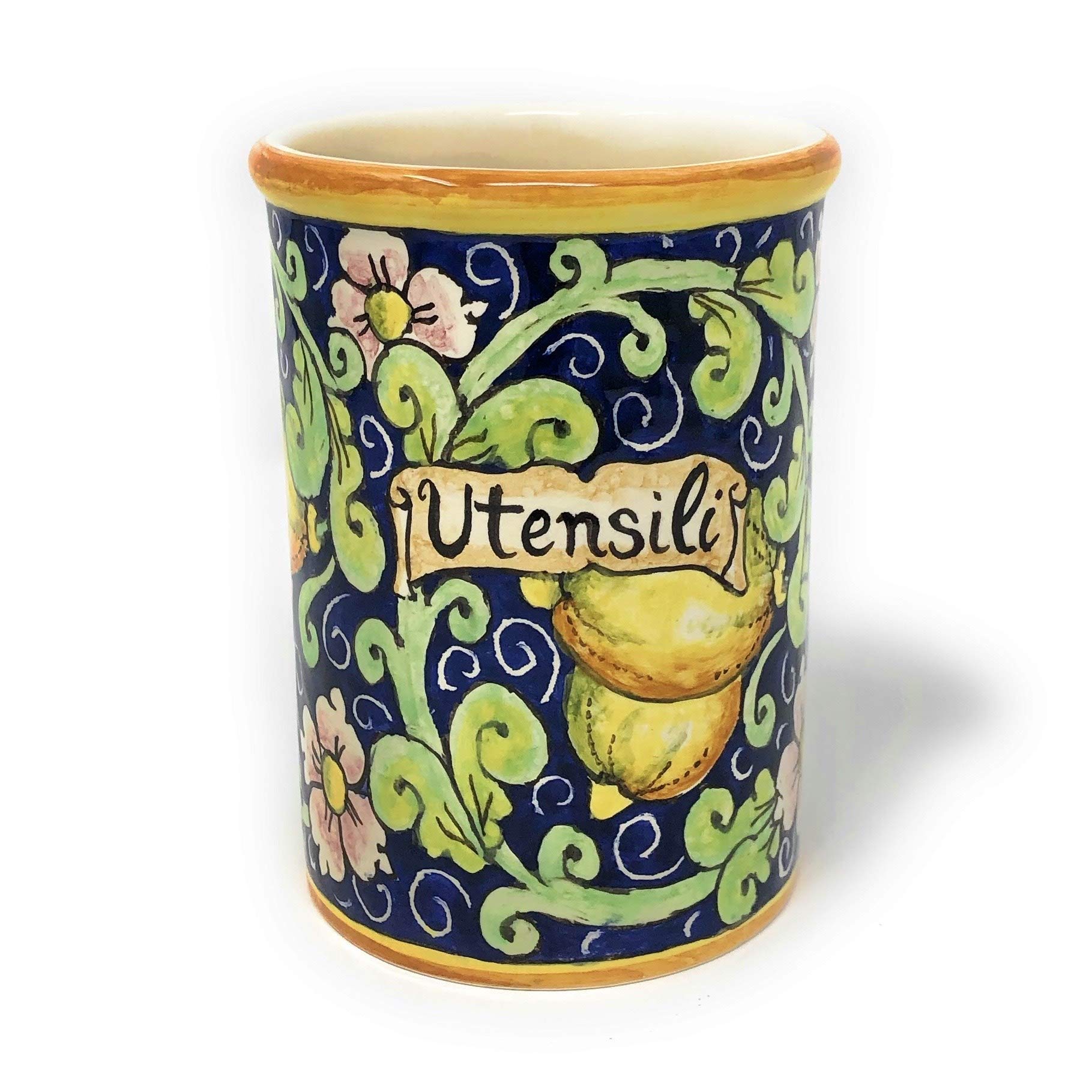Italian Ceramic Utensil Holder - Hand Painted Lemon Decor Art Pottery from Italy | Kitchen Organizer & Countertop Decor for Home, Restaurant