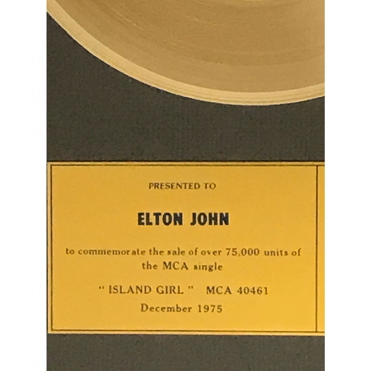 Elton John Island Girl CRIA Gold Single Award - Rare Collectible for Music Fans & Memorabilia Enthusiasts - Perfect for Display in Home, Office, or Music Studio