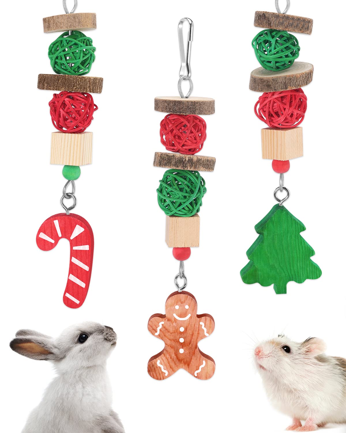 Xylolfsty Christmas Small Pet Toys - 3PCS Guinea Pig, Bunny Rabbit, Hamster & Chinchilla Chew Toys with Candy Cane & Gingerbread Tree Design for Teeth Grinding - Festive Cage Hanging Accessories & Holiday Gifts for Small Animals (Perfect for Christmas Decor & Pet Enrichment)