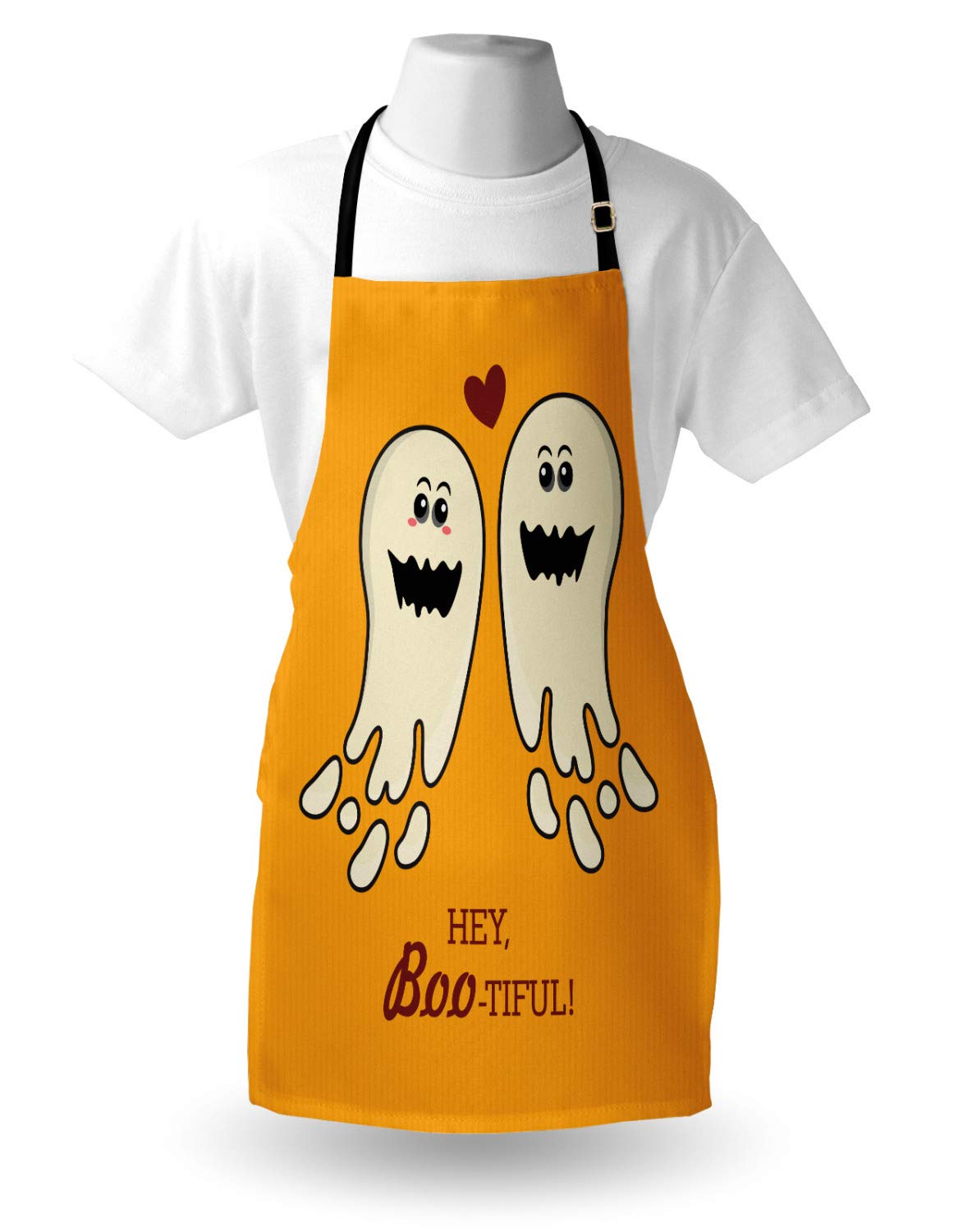 Ambesonne Halloween Apron - Funny 'Hey Boo-tiful' Ghost Design, Adjustable Unisex Kitchen Bib for Cooking & Gardening, Adult Size in Orange Eggshell Maroon - Perfect for Halloween Parties, Baking Treats & Spooky Decorations