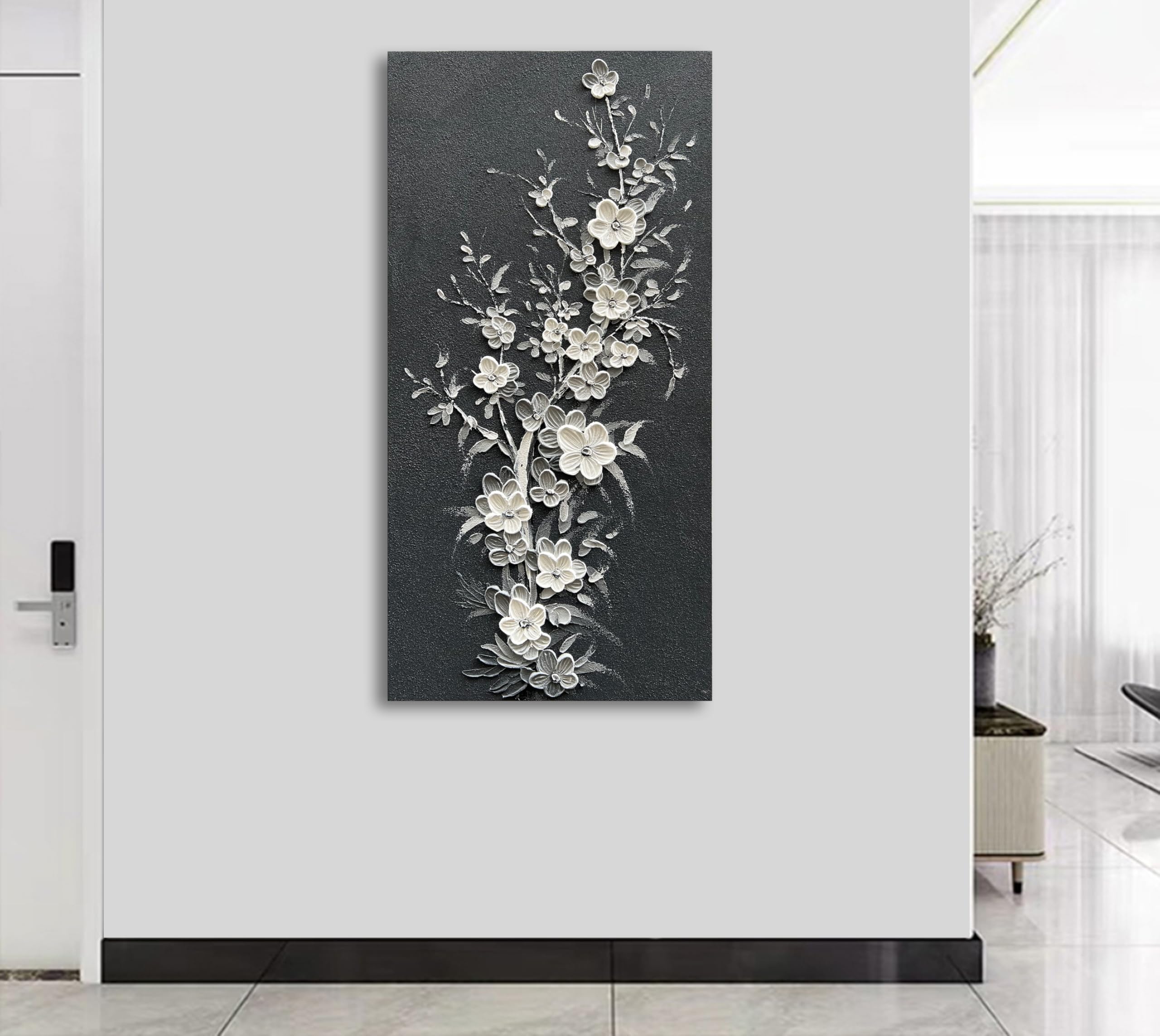 Hand Painted Modern Black and White Oil Painting - White Plum Blossom Wall Art - 24x48 Inch Canvas Home Decor for Living Room, Bedroom & Office
