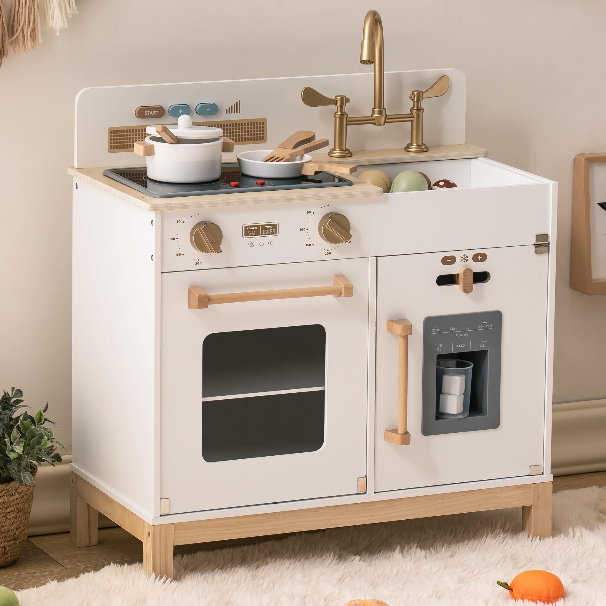 ROBOTIME Wooden Play Kitchen for Toddlers - Pretend Play Toy Kitchen with Real Lights, Sounds & Ice Cube Dispenser - Educational Gift for Kids Ages 3+ (White) | Perfect for Pretend Cooking, Role Play & Early Learning at Home or Preschool