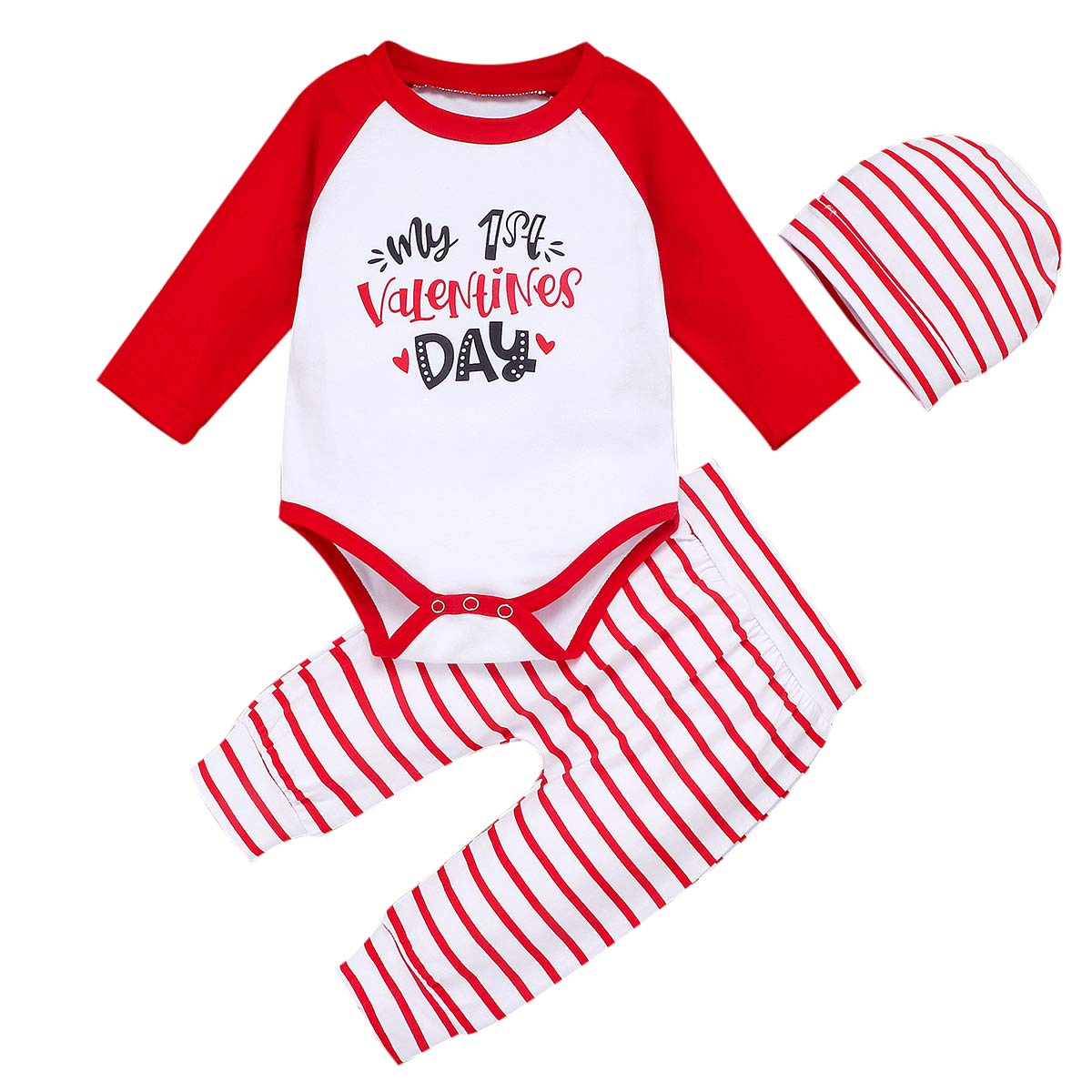 My 1st Valentine's Day Outfit for Baby Boy & Girl - 3PCS Long Sleeve Romper, Print Pants & Hat Set (0-24 Months) | Newborn Photoshoot, Holiday Celebration & Family Gathering Outfit